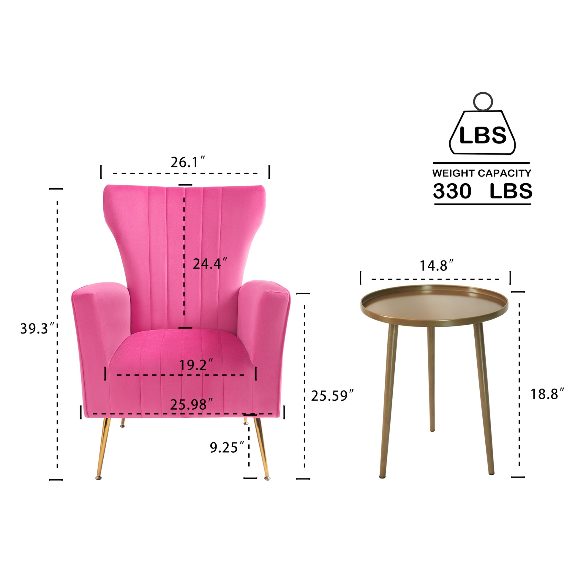 Velvet Accent Chair With Table, Wingback Arm Chair With Gold Legs, Upholstered Single Sofa For Living Room Bedroom Rose Red Velvet 1 Seat