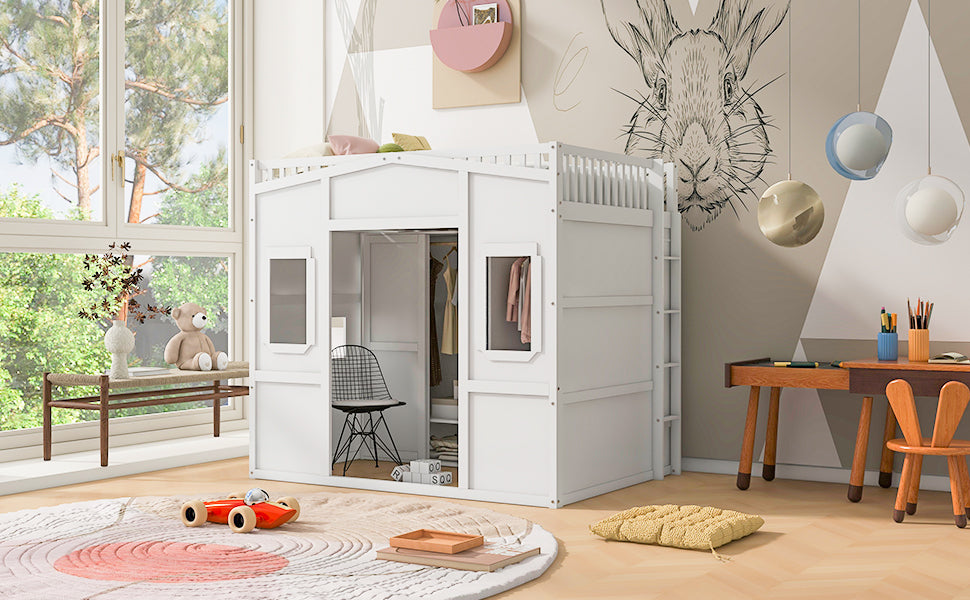 Full Size House Loft Bed With Ladder And Wardrobe White Full White Solid Wood