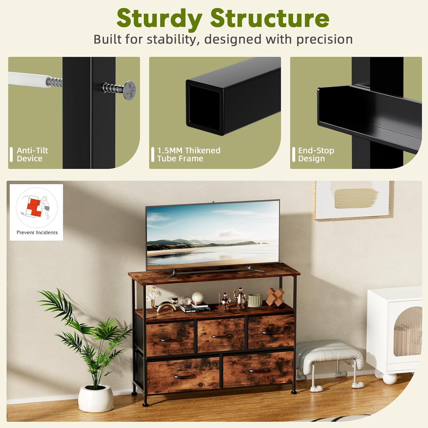 Tv Stand Dresser For Bedroom Entertainment Center With 5 Fabric Drawers, Storage Organizers Units For Living Room, Media Console Table With Open Shelf Up For 45" Tv, Rust, Wood Top Rust 39 Inches Or