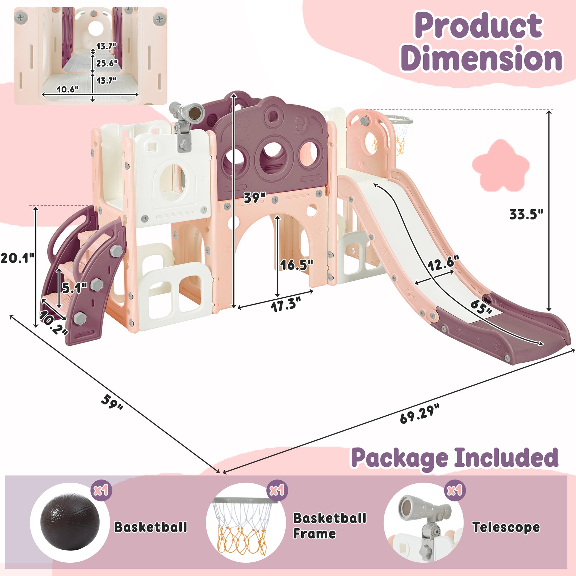 7 In 1 Toddler Slide Set, Freestanding Space Set With Slide, Kids Slide Playset Structure, Arch Tunnel And Basketball Hoop, Toy Storage Organizer For Toddlers, Kids Climbers Playground Purple 50 99 Lbs Cute 1 To 2 Years Hdpe Indoor & Outdoor Use