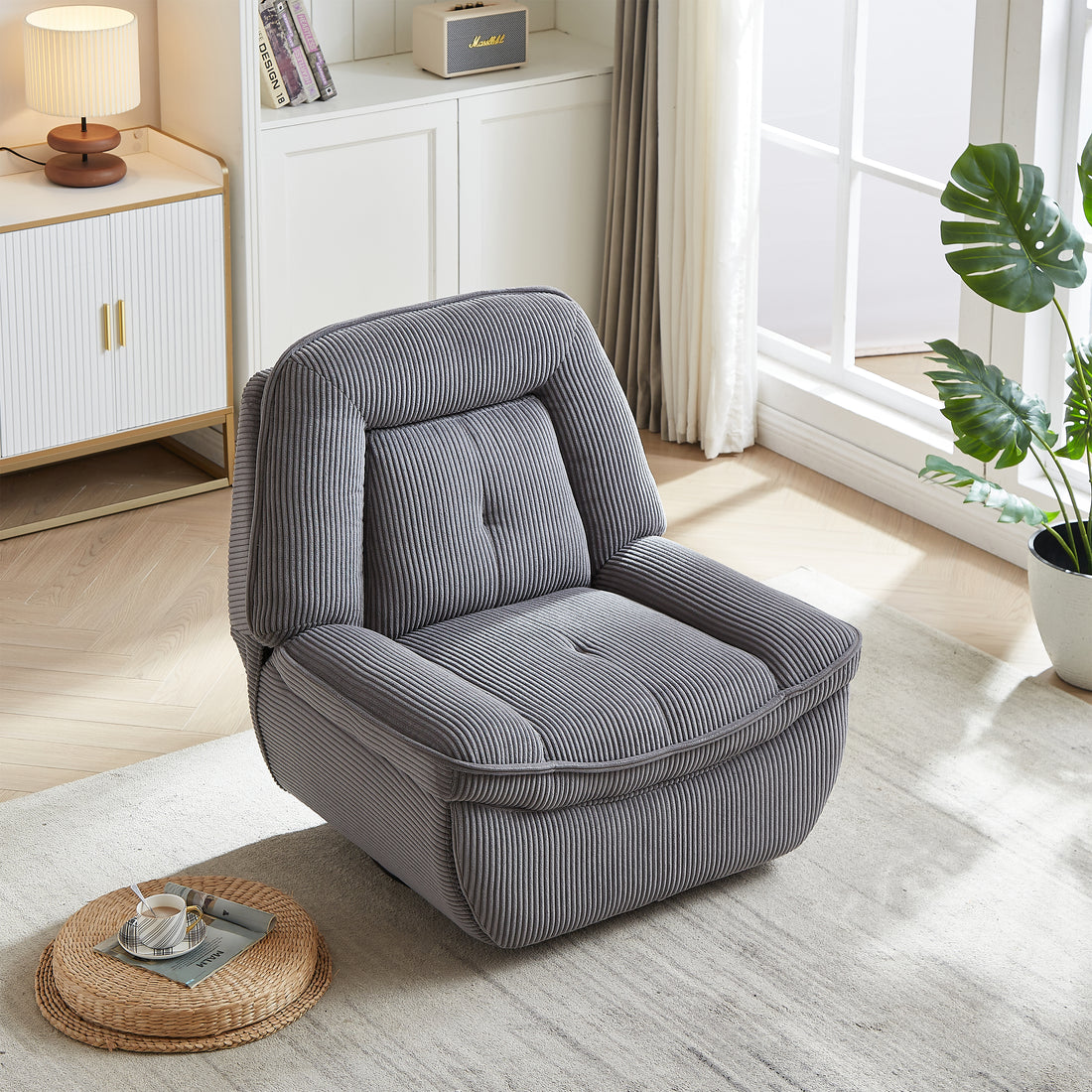 Video 360 Degree Corduroy Swivel Upholstered Manual Recliner Chair,Theater Recliner Sofa,Nursery Glider Rocker For Living Room Grey Corduroy