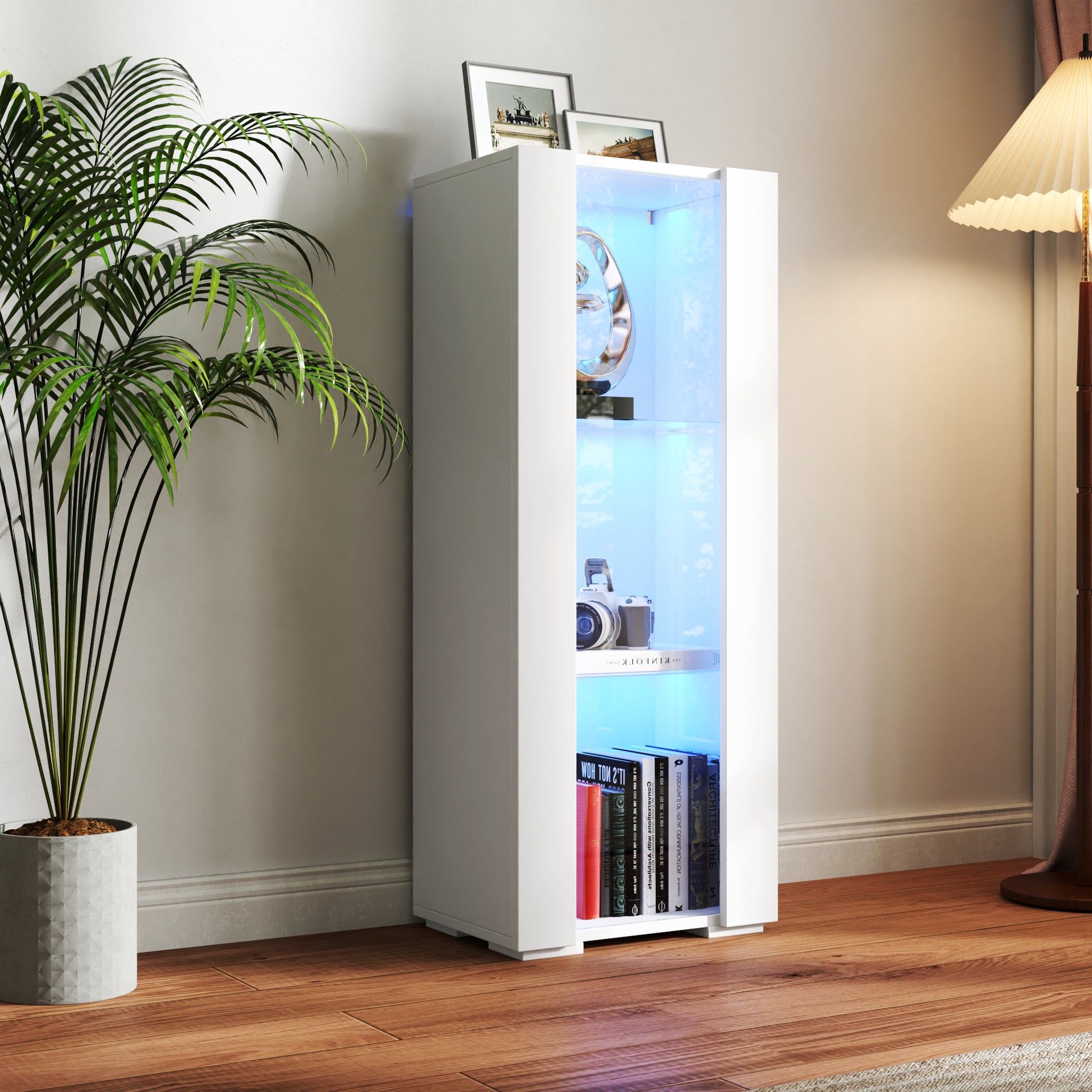 Storage Cabinets With Aluminum Strip Lamp,With Glass Shelves, For Living Room Bedroom Office White Particle Board Mdf