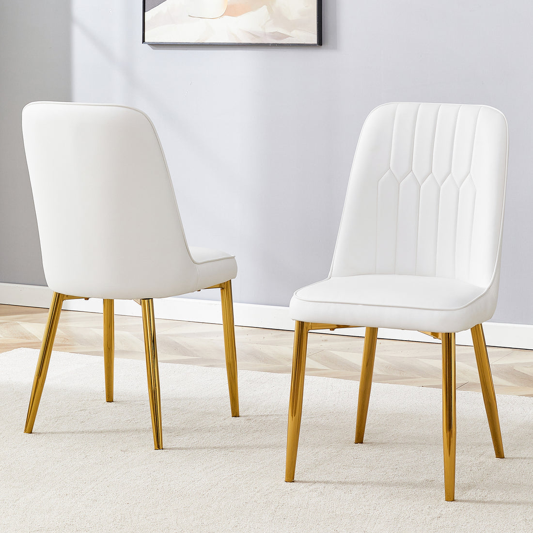 2 Modern Dining Chairs, Sleek Pu Leather Backrest, And Gold Metal Legs Bring A Comfortable Home Experience To The Kitchen, Bedroom, And Office. White Pu