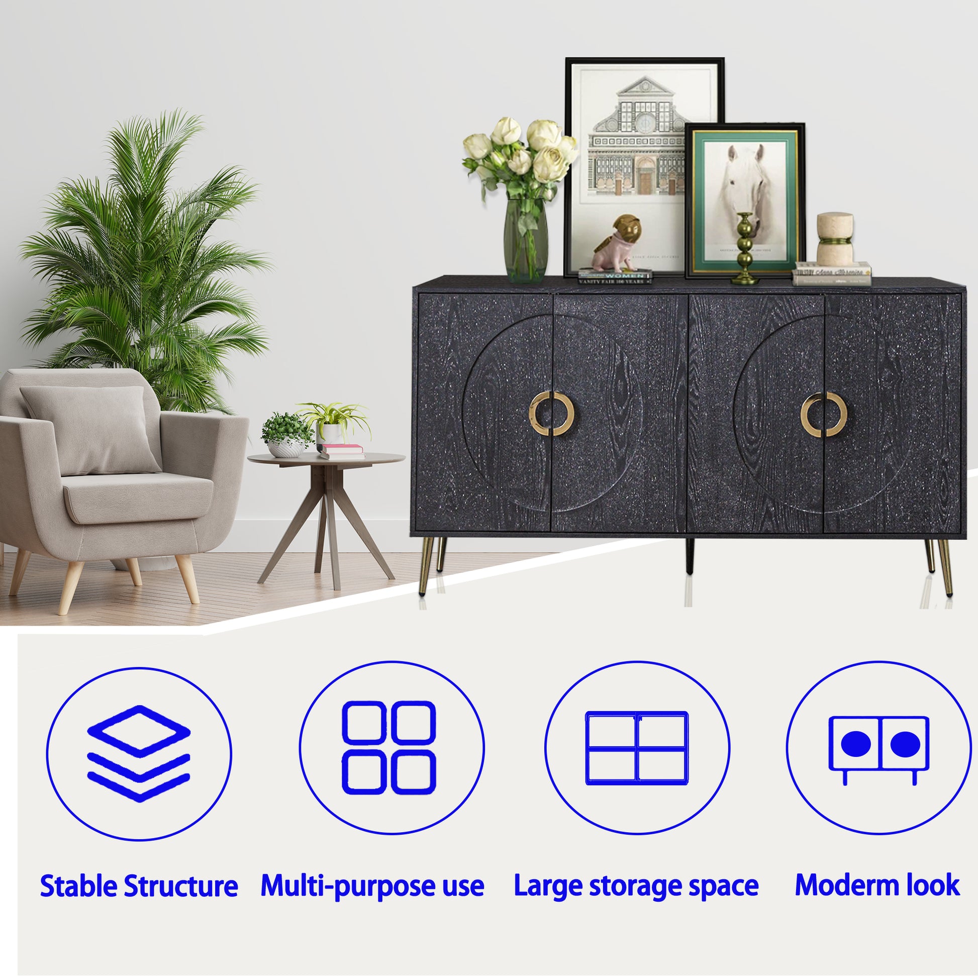 Modern Lacquered 4 Door Wooden Cabinet Sideboard Buffet Server Cabinet Storage Cabinet, For Living Room, Entryway, Hallway, Office, Kitchen And Dining Room, Distressed Black Lacquered Distressed Black Adjustable Shelves Engineered Wood