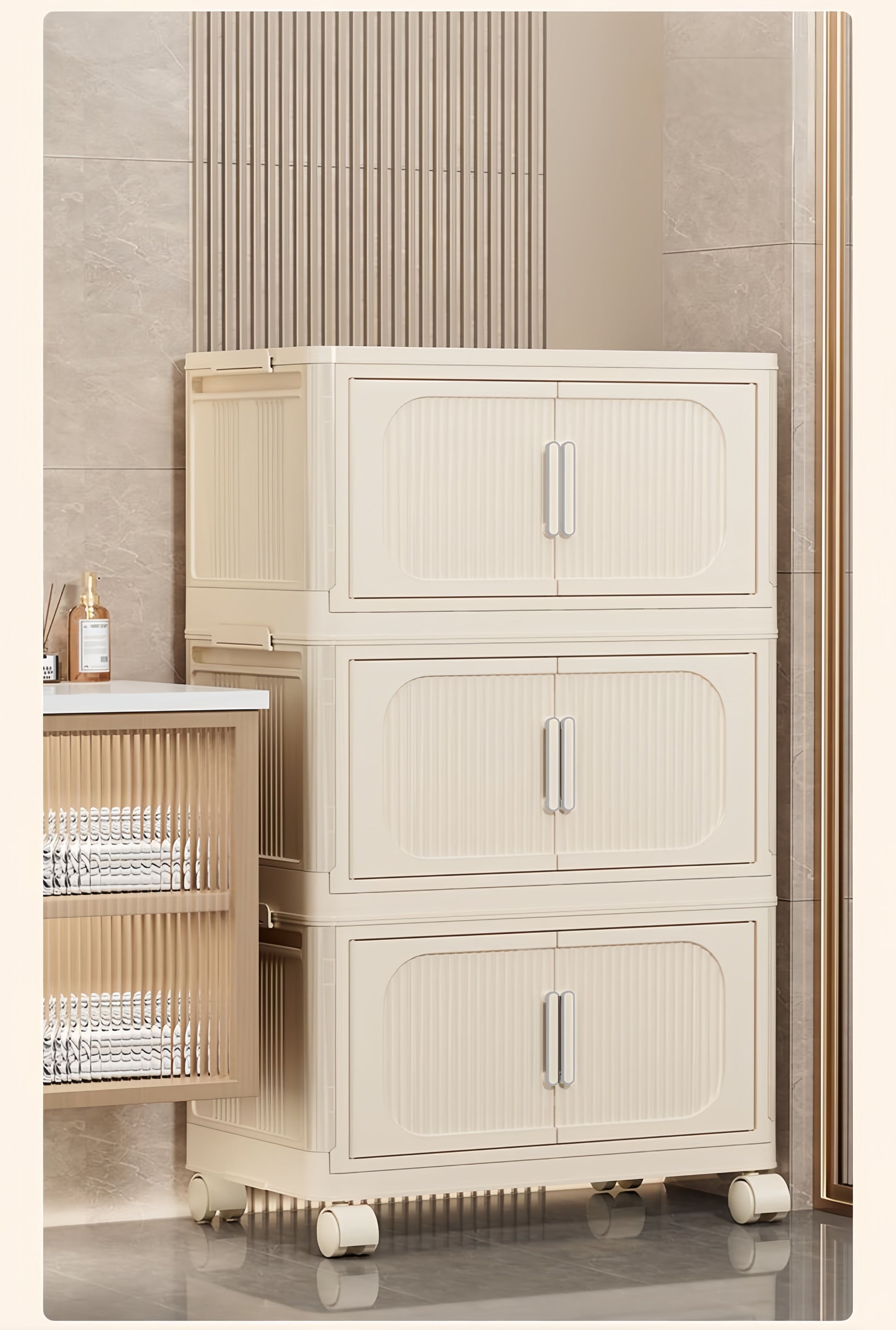 Cream White,19.69" Side Wide Folding Storage Cabinet ,4 Tiers,19.69" 11.81" 40.55",Collapsible Storage Bins With Magnetic Door, Plastic Storage Cabinet With Wheels Cream White Plastic