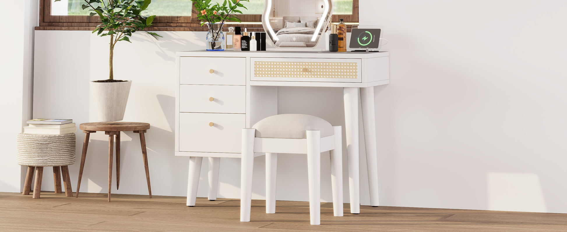 39" Retro Bohemian Style Wooden Makeup Vanity Set With Charging Plug&Usb Port And Stool, Dressing Table With 3 Storage Drawers And 1 Rectangular Rattan Drawer, White White 4 Drawers Wood