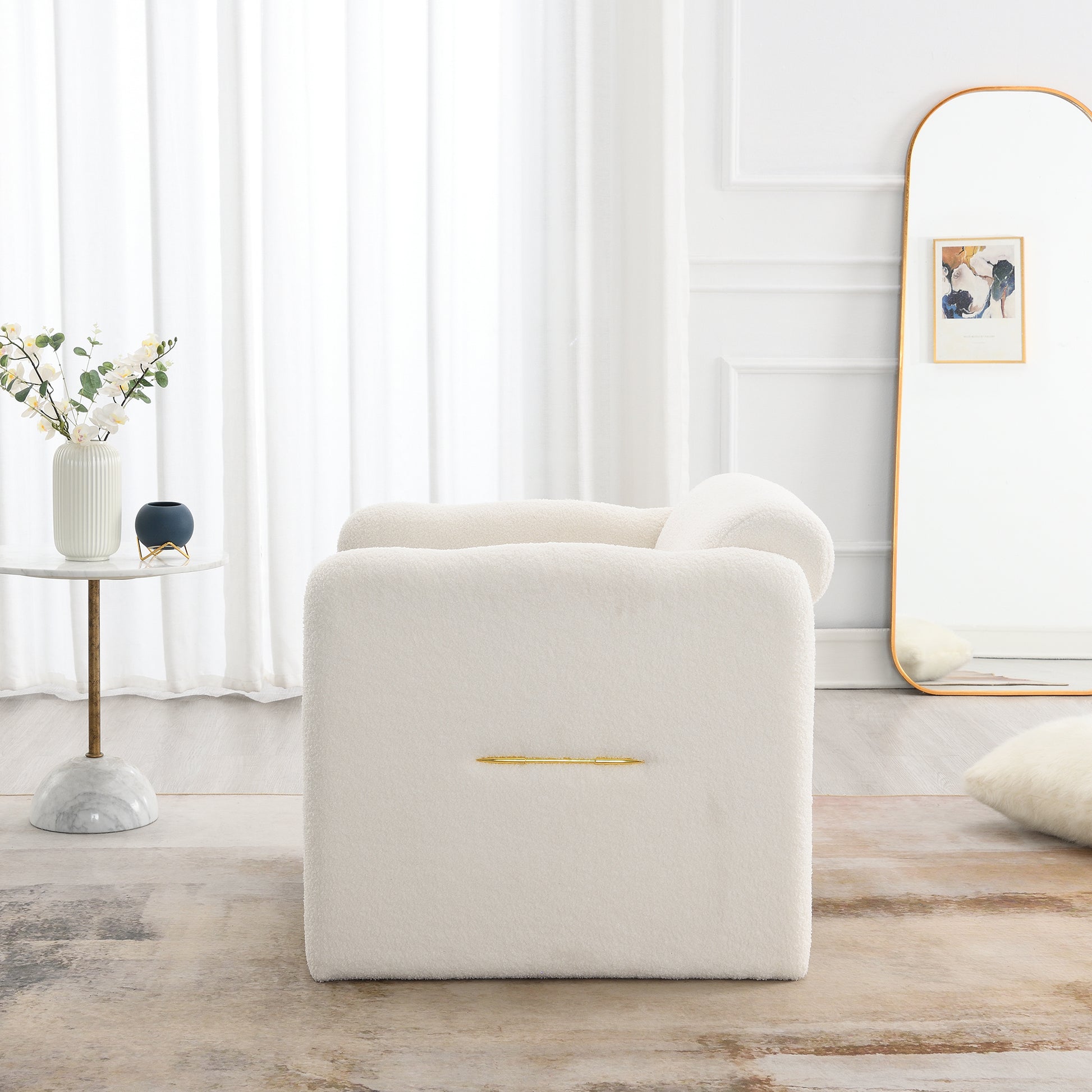 Arm Chair With Waved Arms, Metal Decoration On Both Side Arms, Accent Chair For Primary Living Space, Living Room, Bedroom,Teddy Fabric, White White Primary Living Space Modern Foam Plywood