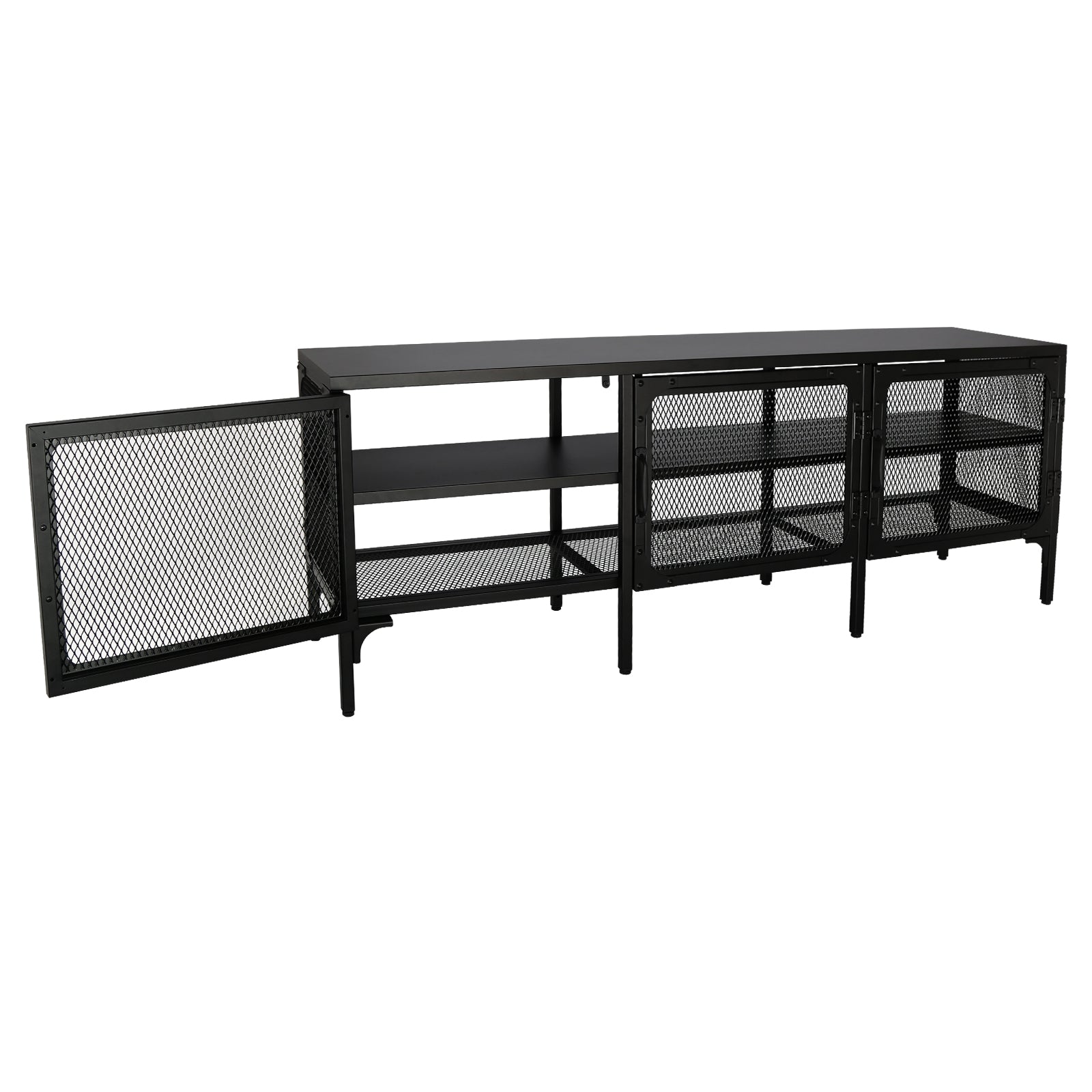 Metal Tv Stand Entertainment Center Cabinet Tv Console Table With 3 Metal Mesh Doors 2 Tier Storage Shelves For Living Room Frosted Black Black 50 59 Inches Steel