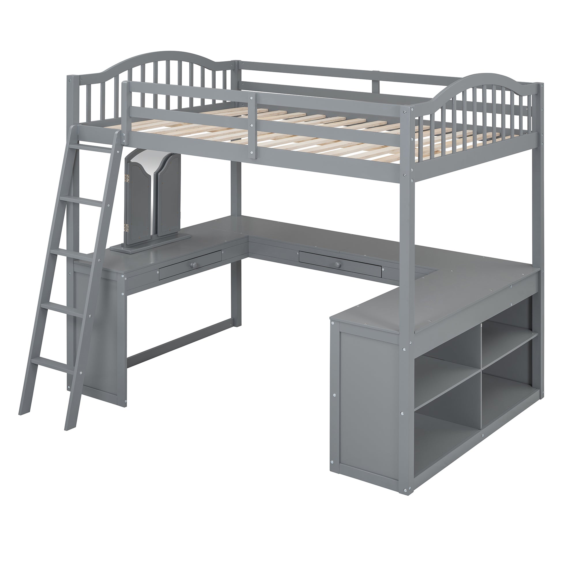 Full Wooden Loft Bed With U Shaped Desk,Storage Compartments And Tri Fold Mirror, Gray Gray Plywood,Solid Wood Mdf