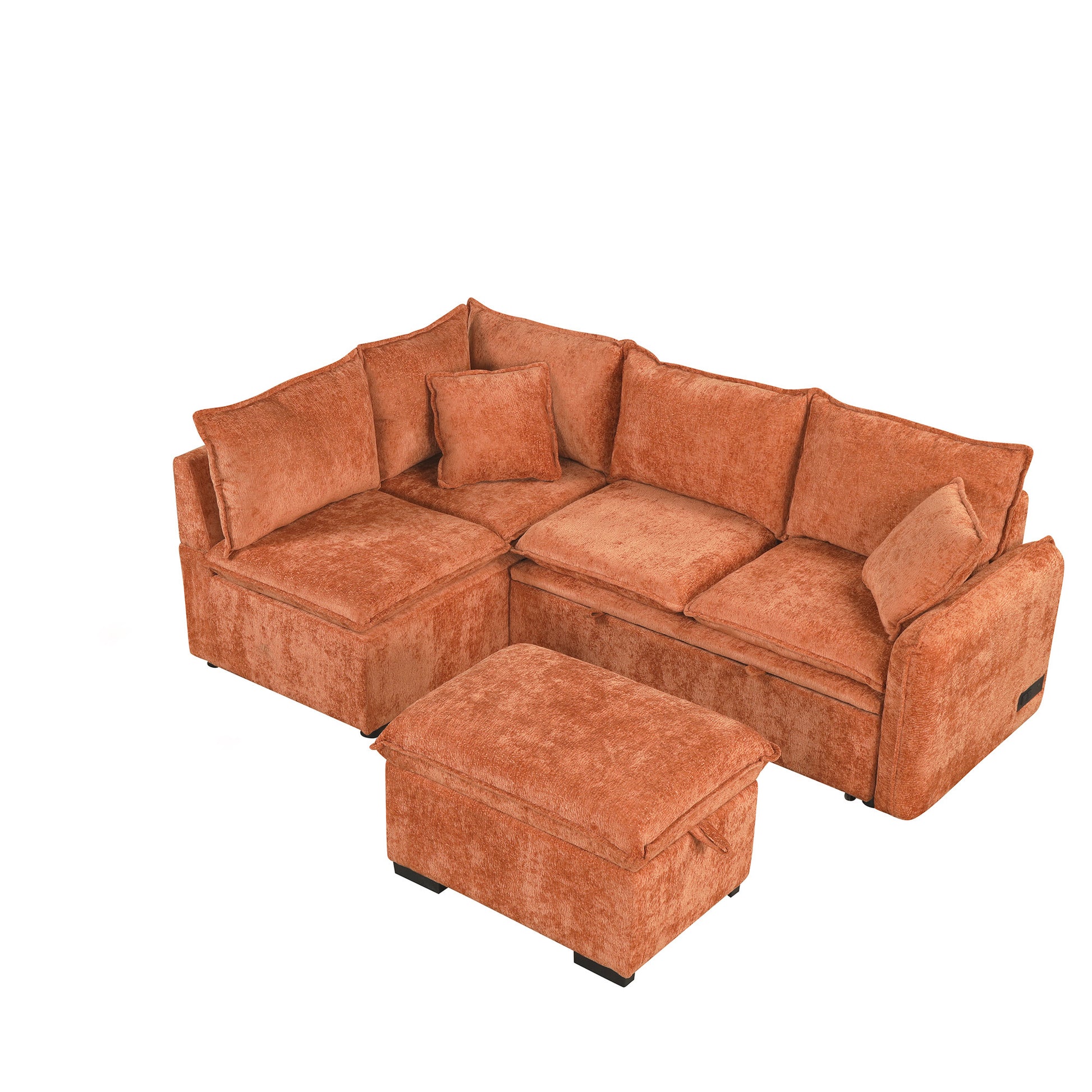 82.67"Convertible Sofa Bed Sectional Sofa Sleeper L Shaped Sofa With A Storage Ottoman,Two Pillows, Two Power Sockets And Two Usb Ports For Living Room, Orange Orange Foam Chenille 4 Seat