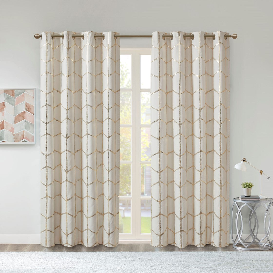 Total Blackout Metallic Print Grommet Top Curtain Panel Pair 2 Pcs Window Panels Ivory Gold Microfiber