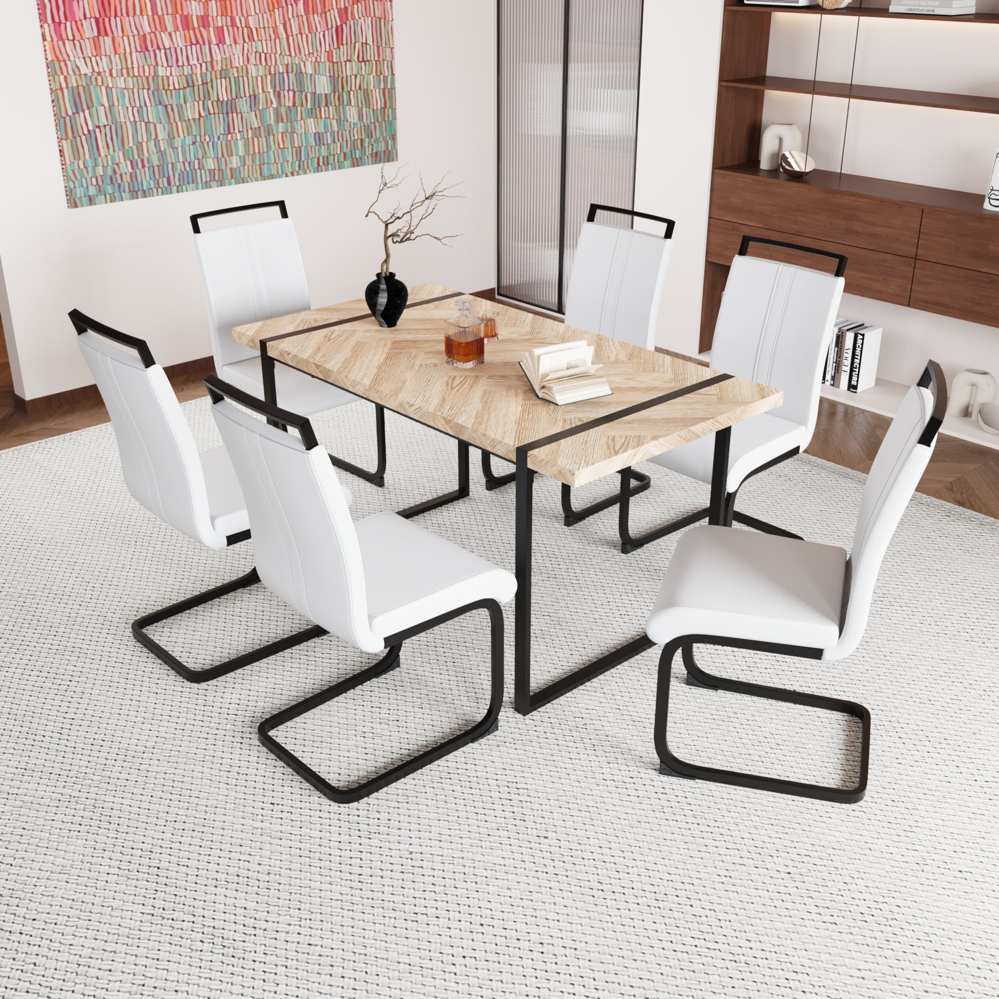 59 "Rural Industrial Rectangular Mdf Light Wood Dining Table Set And Pu Armless Dining Chair Set, 6 Piece. Kitchen Black Metal Table Leg Dining Chair Set White Natural Mdf