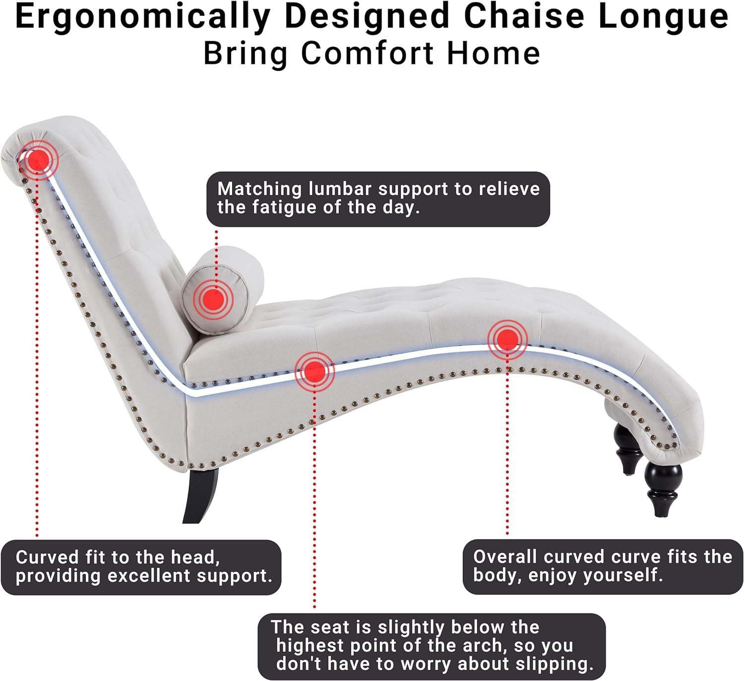 Upholstered Chaise Lounge With Solid Wood Legs, Support Pillow For Bedroom, Living Room, Office Beige Wood Fabric