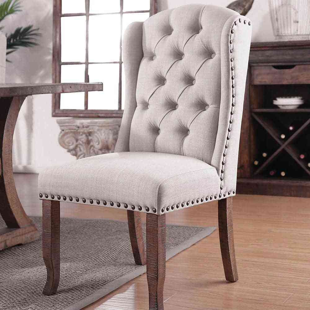 Contemporary Ivory Fabric 2Pcs Side Chairs Tufted Wingback Design Rustic Oak Solidwood Back Dining Chairs Furniture Ivory Multi Dining Room Contemporary,Luxury,Traditional,Vintage Side Chair Rubberwood Wing Back Set Of 2 Solid Wood