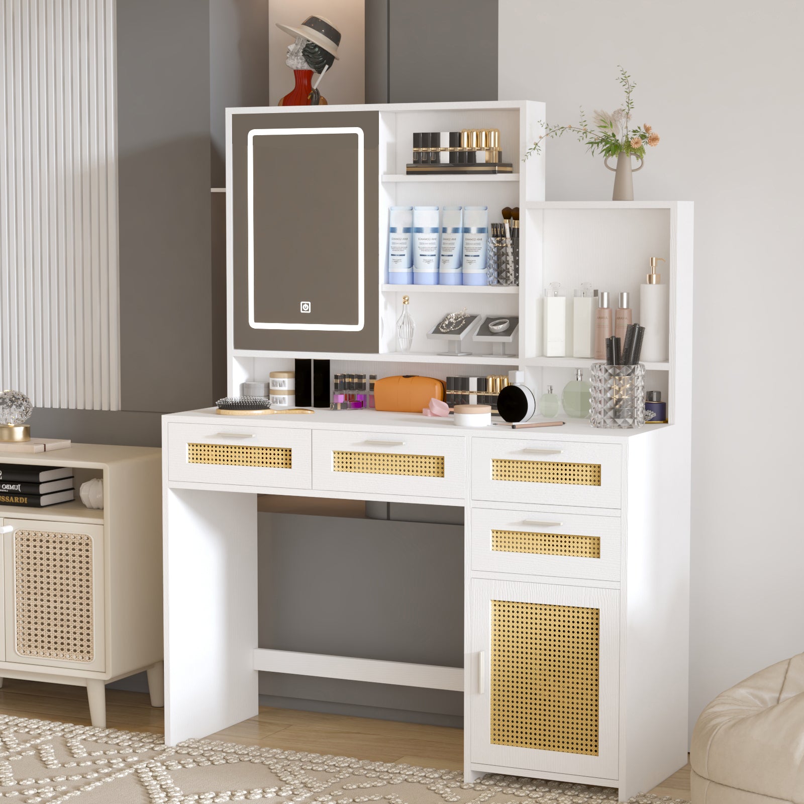 Makeup Vanity With Lights In 3 Colors & Openable Mirror, Vanity Desk With 4 Drawers & 1 Cabinets & Shelves, Vanity Table Rattan Vanity Dresser, For Bedroom Sliding White Drawer 3 Drawers Bedroom Extra Deep Drawers Mdf