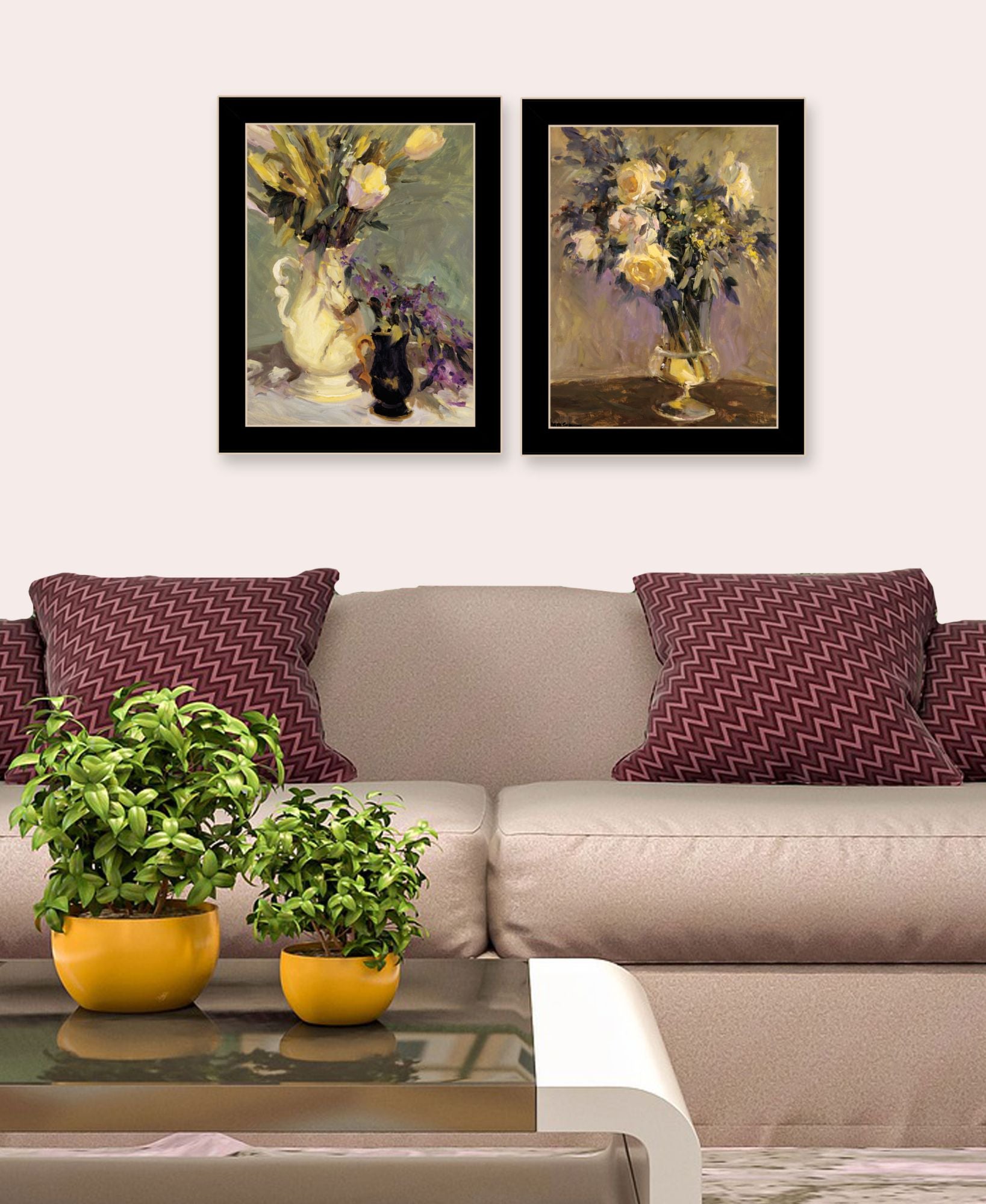 "Abstract Tulips & Lavender Flower Vases" Framed Wall Art For Living Room, Wall Art Print For Home Decor, Bedroom Wall Art By Jg Studio Multicolor Wood Paper