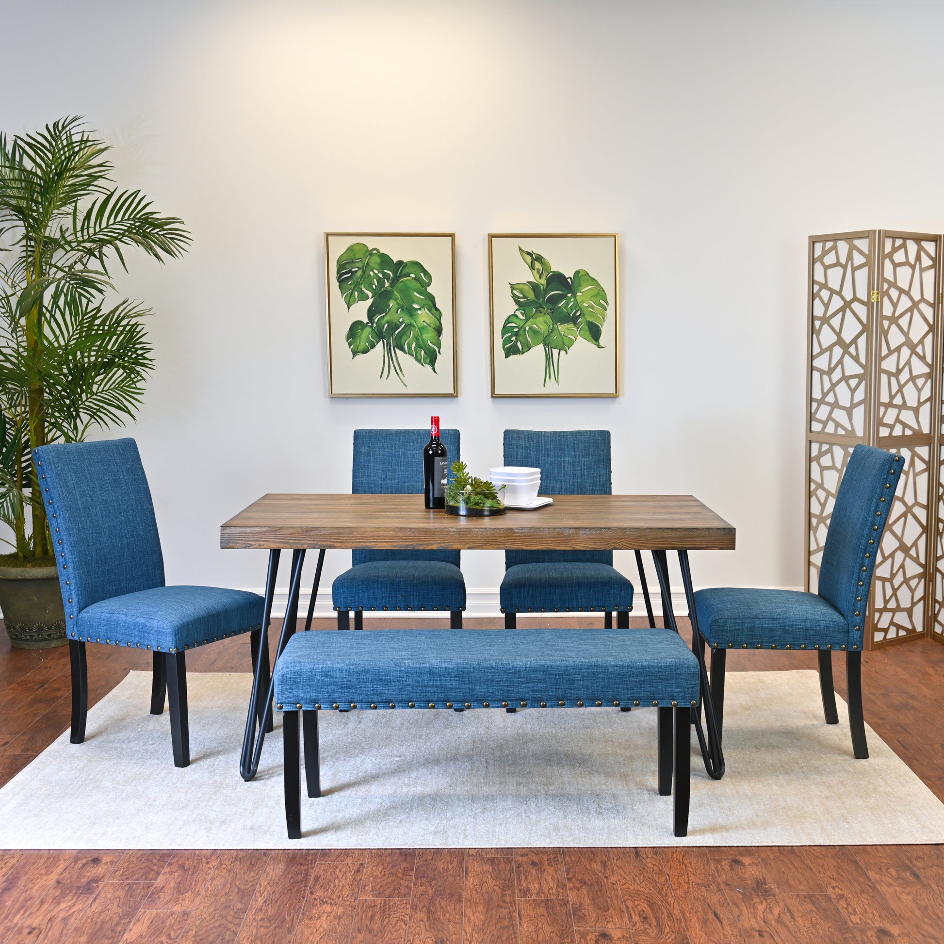 Amisos 6 Piece Dining Set, Hairpin Dining Table With 4 Chairs And Upholstery Bench, 3 Color Options Wood Brown Seats 6 Brown Metal Dining Room Fixed Table Rubberwood Rectangular 4 Leg Rectangular Dining Table With Chair And Bench Mdf