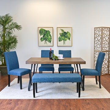 Amisos 6 Piece Dining Set, Hairpin Dining Table With 4 Chairs And Upholstery Bench, 3 Color Options Wood Brown Seats 6 Brown Metal Dining Room Fixed Table Rubberwood Rectangular 4 Leg Rectangular Dining Table With Chair And Bench Mdf