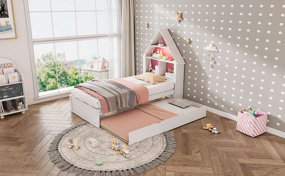 Twin Size House Shaped Bed With Bookcase Headboard And Led Light And Twin Size Trundle For Kids Boys Girls, Pink White Box Spring Not Required Twin White Pink Wood Bedroom Cute Bed Frame Wood