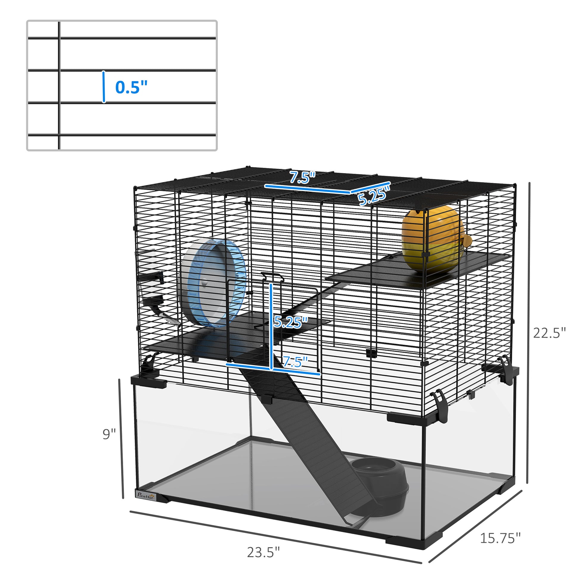 Pawhut Hamster Cage, 23.5" Gerbil Cage With Glass Basin, Ramps, Platforms, Hut, Exercise Wheel, For Small Hamsters, Black Black Steel