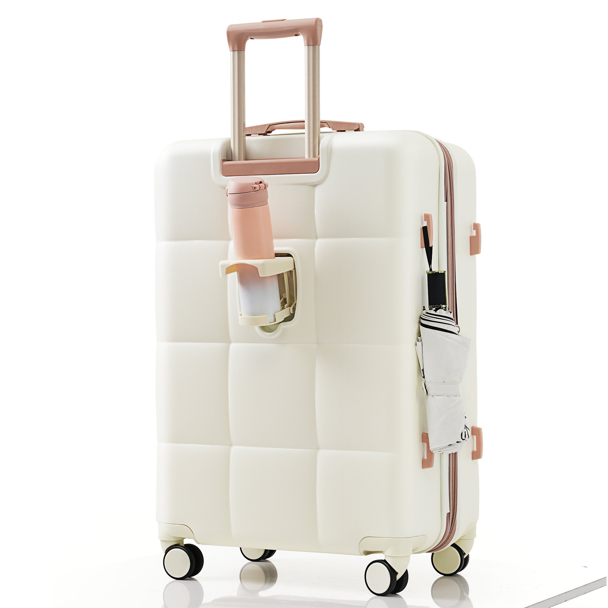 Luggage Set Of 3, 20 Inch With Usb Port, Airline Certified Carry On Luggage With Cup Holder, Abs Hard Shell Luggage With Spinner Wheels, White Beige Gold Abs