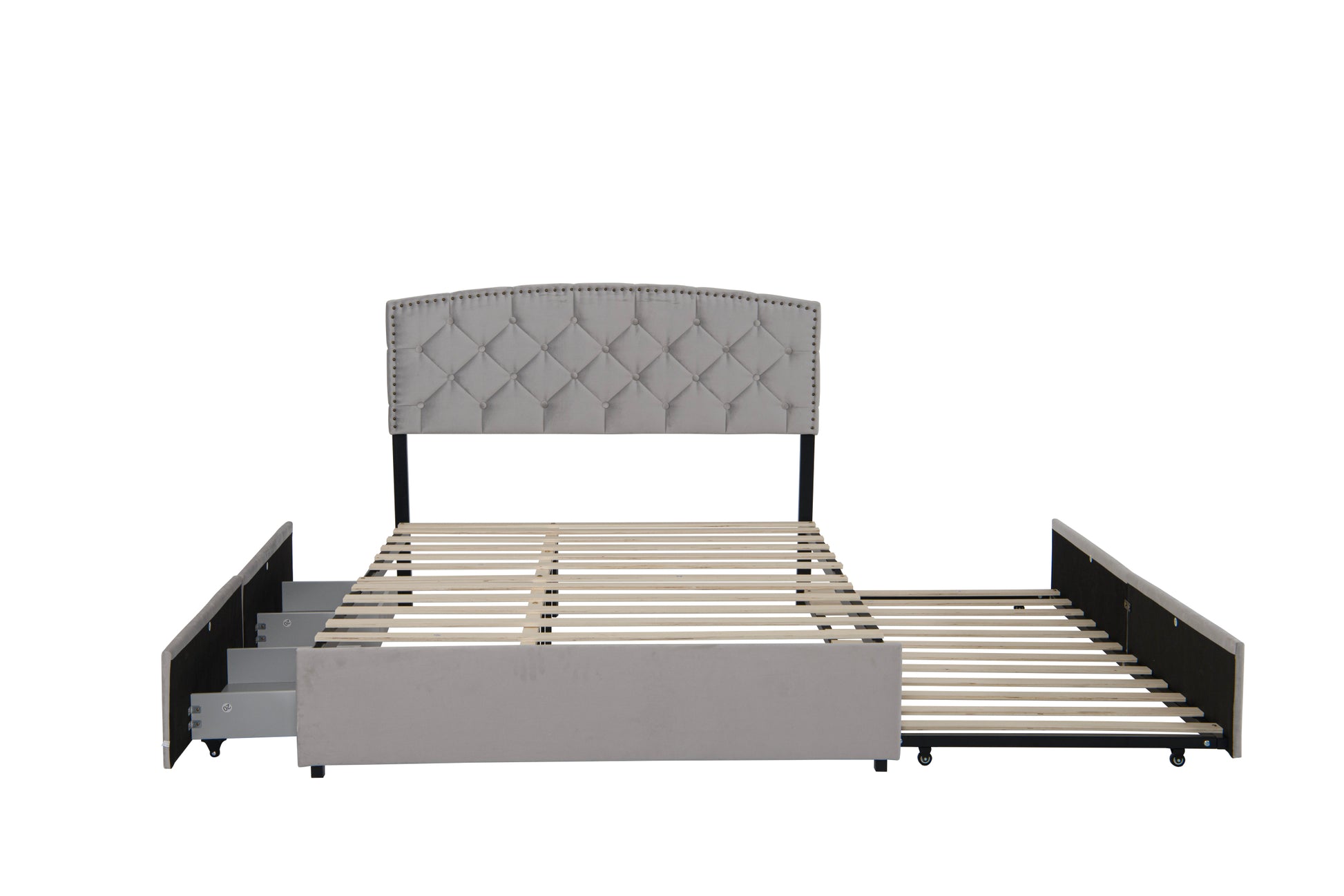 Queen Size Storage Platform Bed With 2 Big Drawers, Plush Velvet Bed With Trundle, Easy Assembly, For Bedroom, Apartment, Guest Room, Light Grey Box Spring Not Required Queen Light Grey Wood Bedroom Bed Frame Velvet Velvet