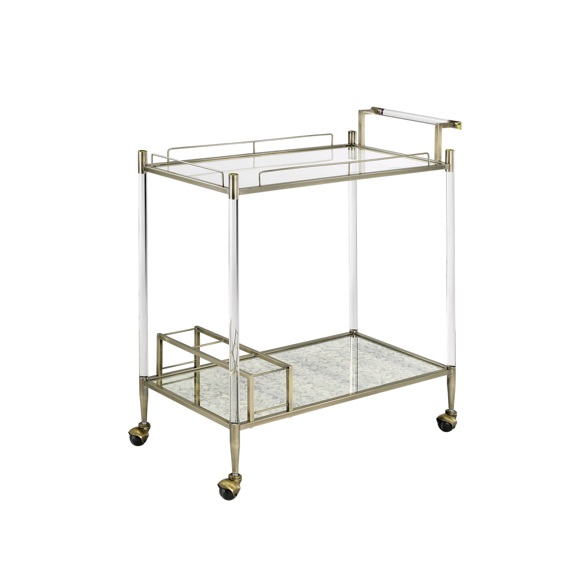 Cirro Antique Mirror & Wire Brass Finish Serving Cart Antique Brass White Glass Metal
