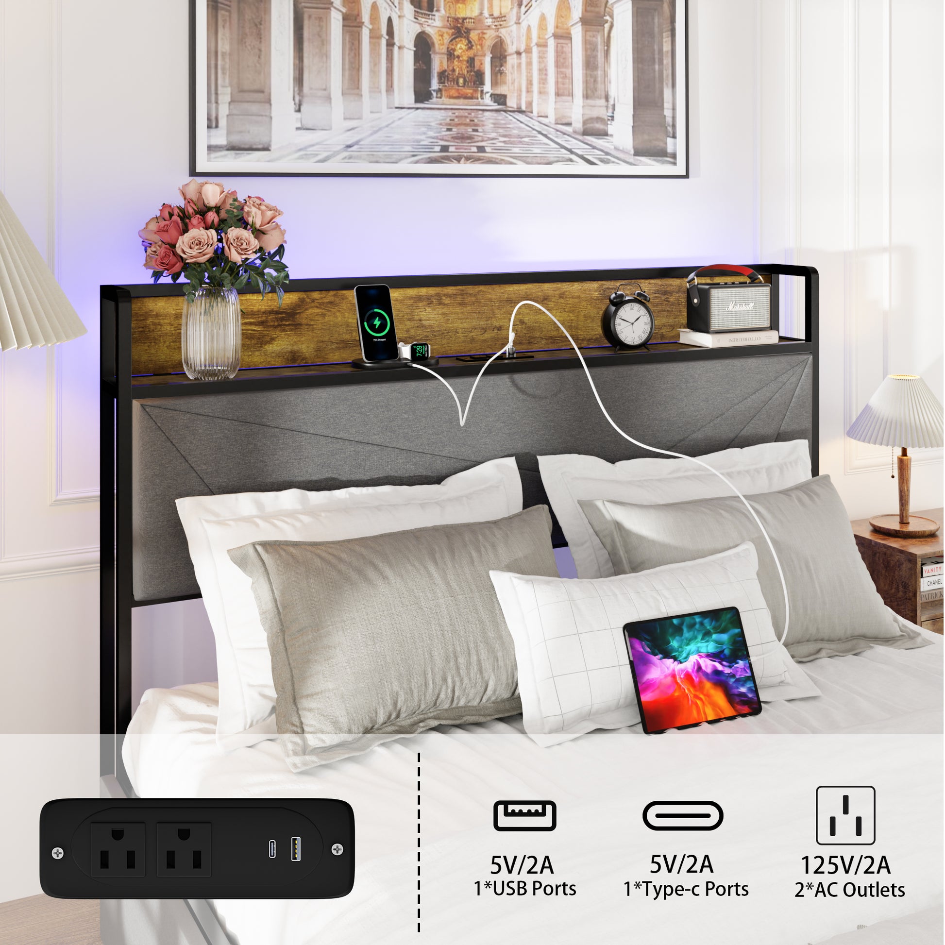 Queen Size Bed Frame With 4 Storage Drawers And 2 Usb Ports, Upholstered Platform Bed Frame With Storage Headboard Charging Station And Metal Slat Support, No Box Spring Needed, Dark Grey. Box Spring Not Required Queen Dark Grey Metal Bedroom Bed Frame