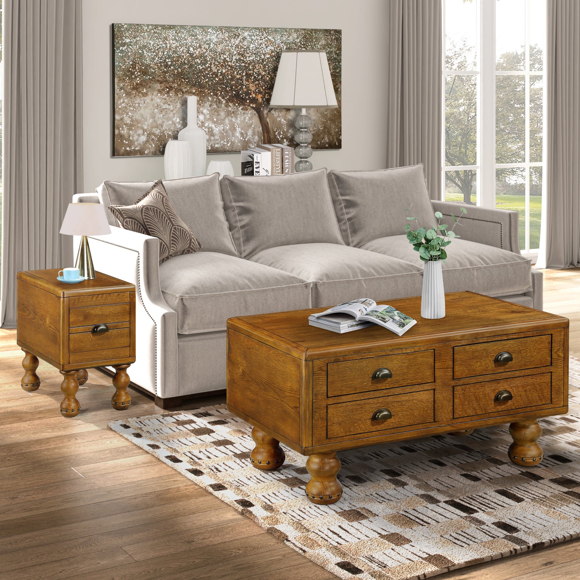 Rectangle Living Room Coffee Table Set, 3 Piece Solid Wood Living Room Table Set, 1 Coffee Table And 2 End Table, Wood Center Table Tea Table Set With Rivet Decoration Legs.Antique Brown Antique Brown Pine