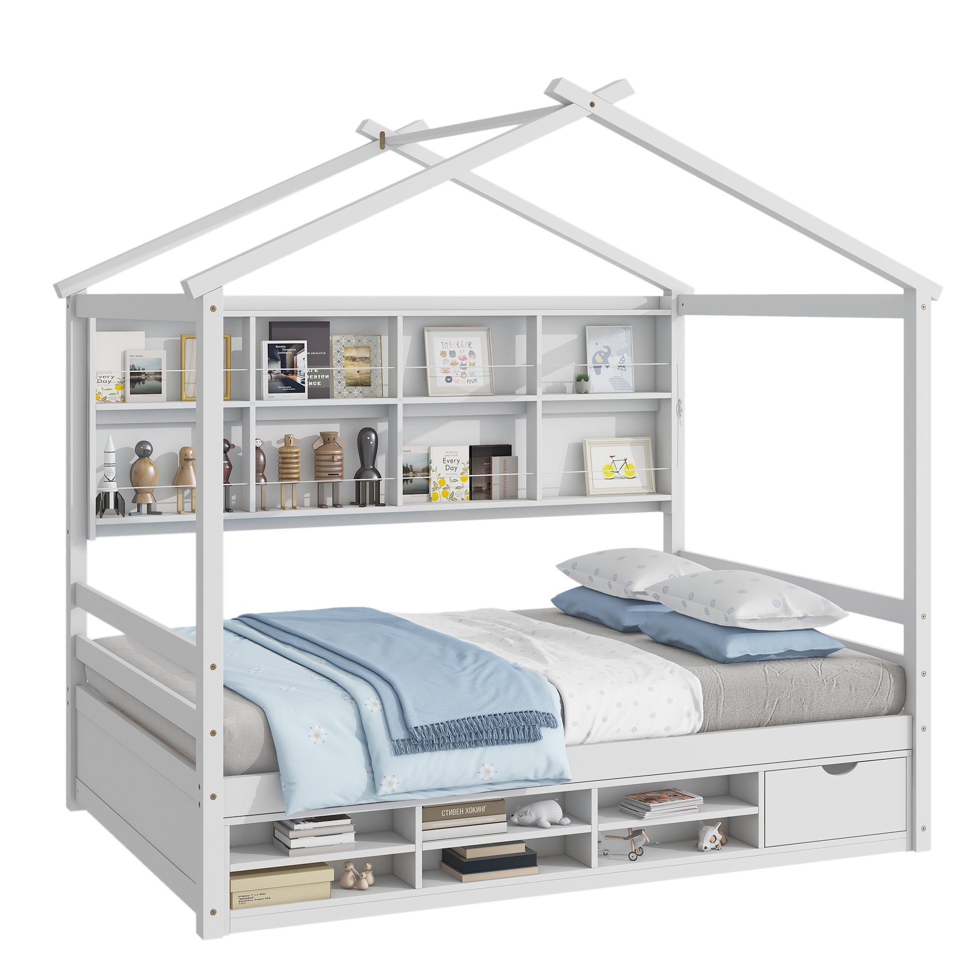 Full House Bed With Roof Frame, Bedside Shelves, Under Bed Storage Unit,White Full White American Design Pine