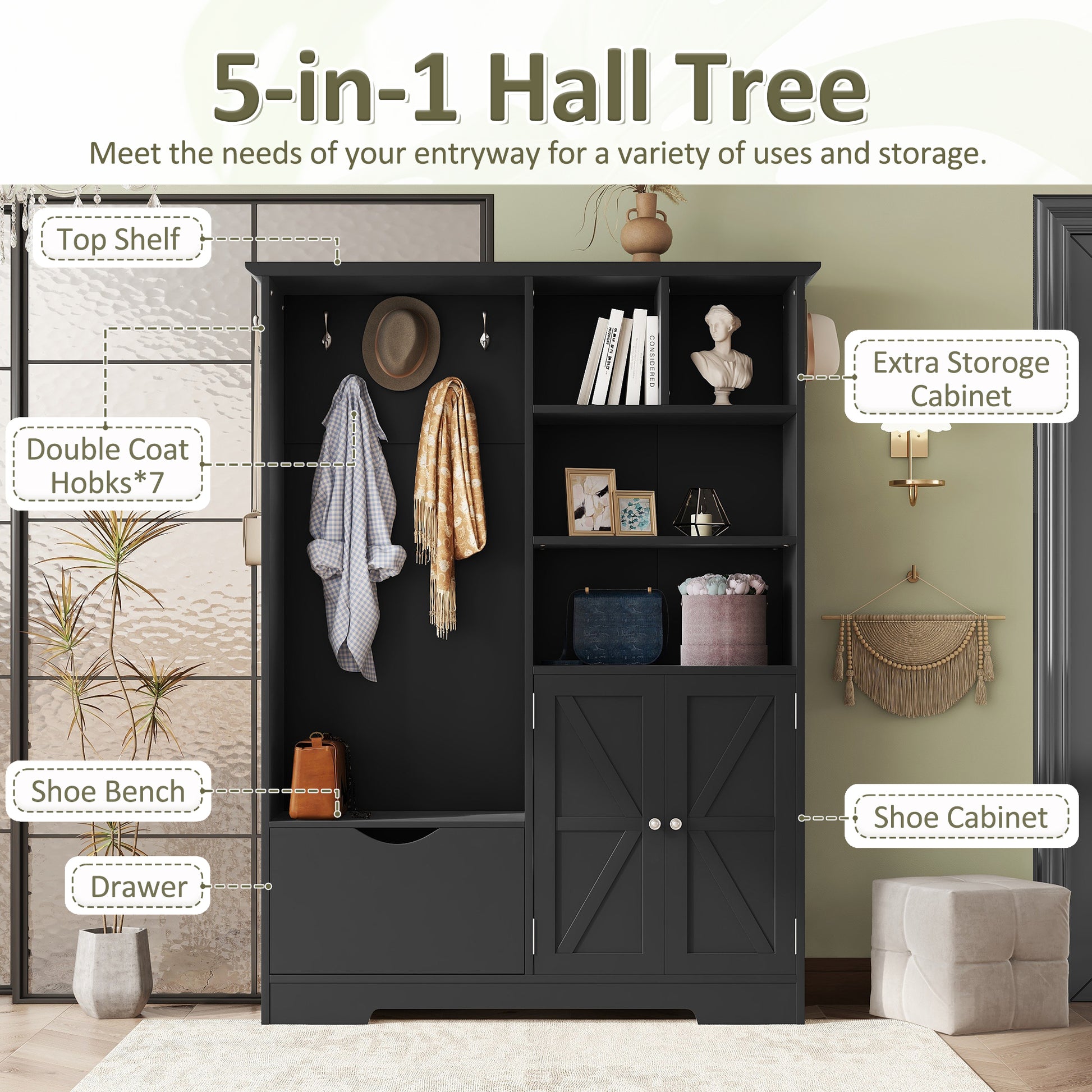 Multi Functional Hall Tree With Storage Shelves Drawers And Cabinet, Elegant Hallway Shoe Cabinet With Bench, Modern Coat Rack With Hooks For Hallway Entryways, Black Black Particle Board Mdf