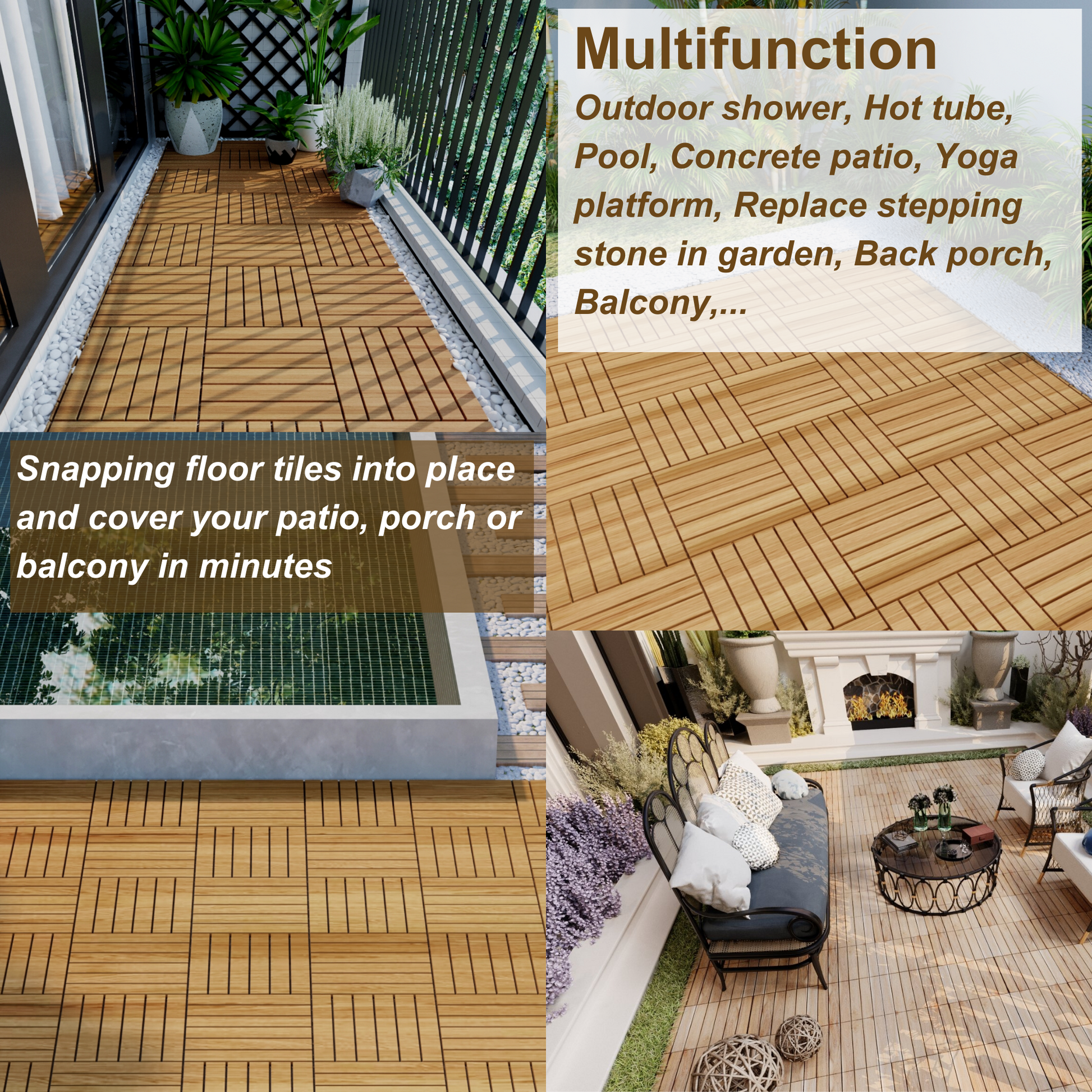 20 Pcs Interlocking Deck Tiles Striped Pattern, 12" X 12" Square Yellow Acacia Hardwood Outdoor Flooring For Patio, Bancony, Pool Side,.. Yellow Garden & Outdoor American Design,American Traditional Acacia Wood