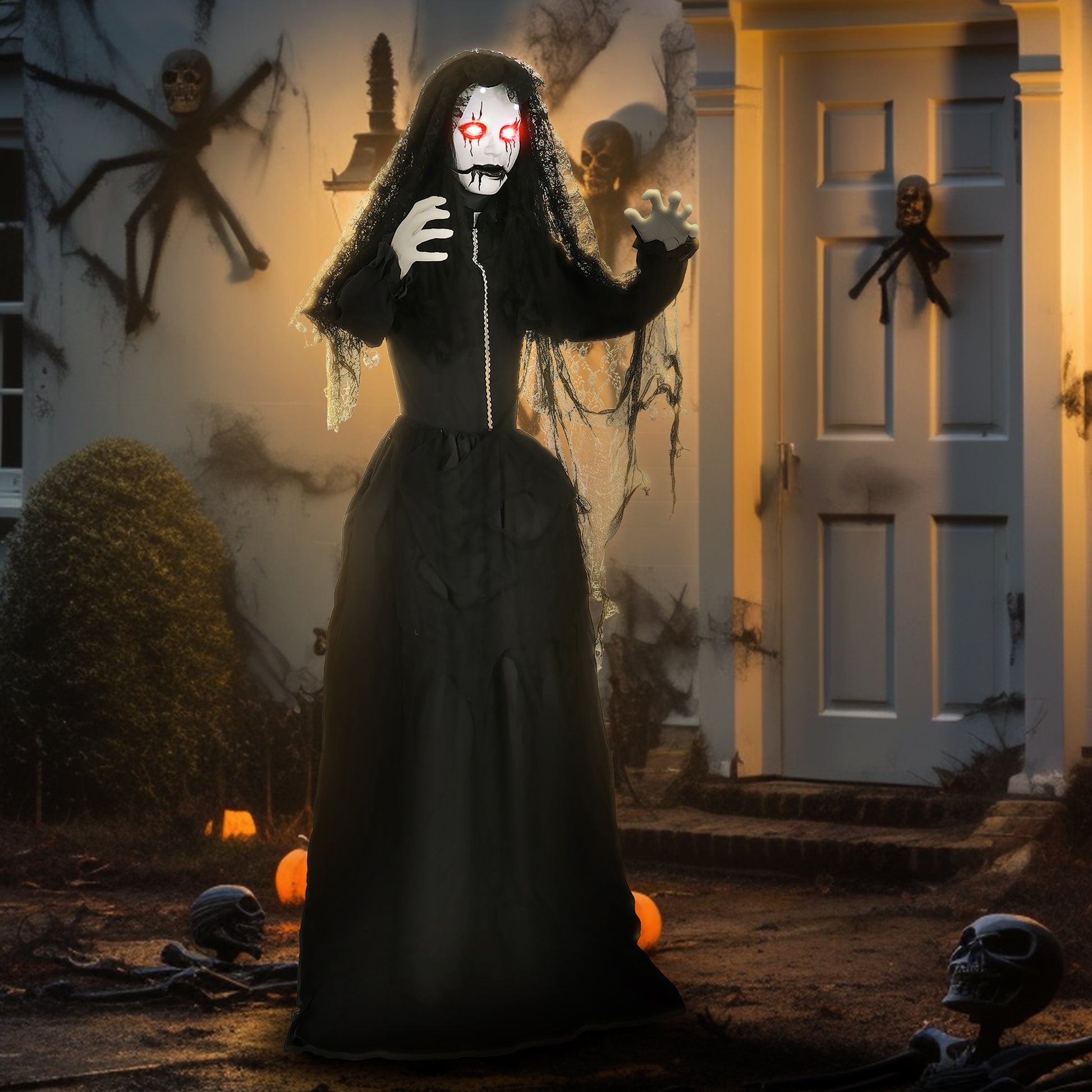 Homcom 67" Life Size Freestanding Scary Ghost Bride, Animated Halloween Prop With Sound Activation And Red Eyes, Creepy Voice, For Covered Outdoor And Indoor, Battery Operated Animatronic Decor Black Polyester