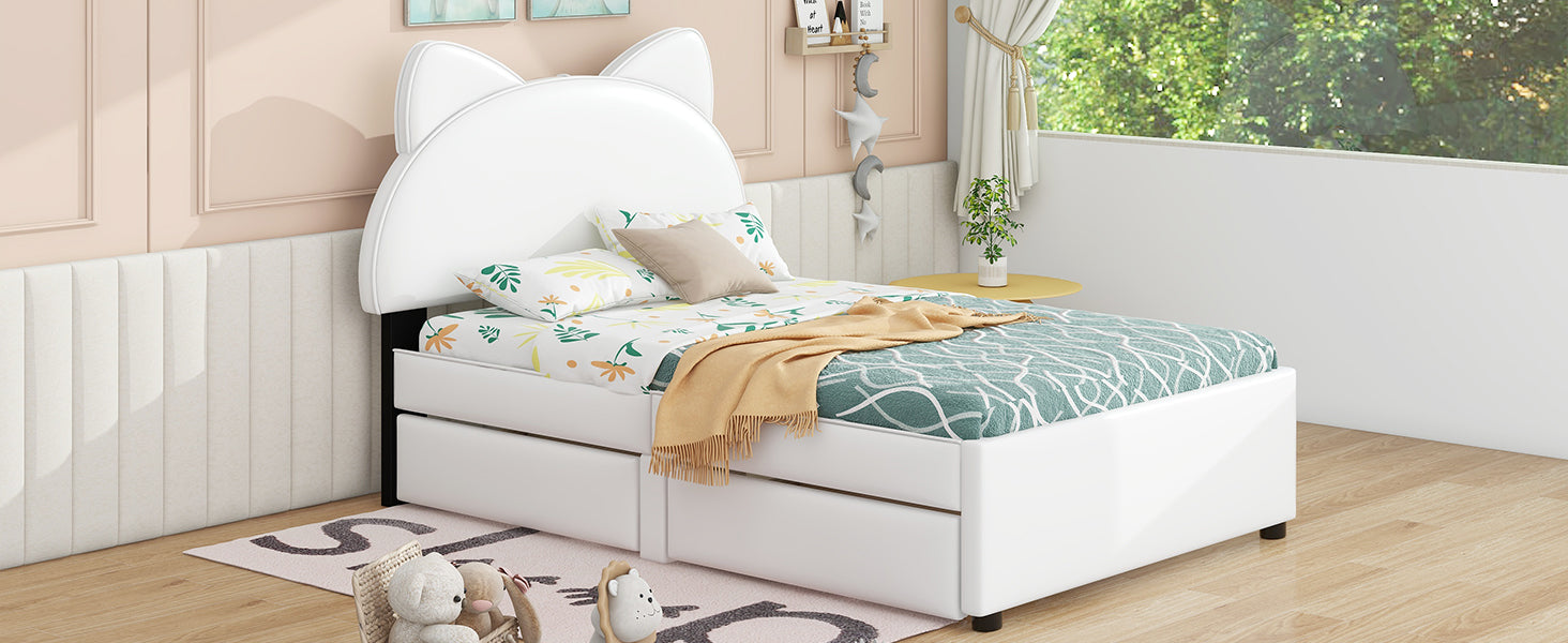 Twin Size Upholstered Platform Bed With Cartoon Ears Shaped Headboard And 2 Drawers, White Box Spring Not Required Twin White Wood Bedroom Bed Frame Faux Leather Upholstered