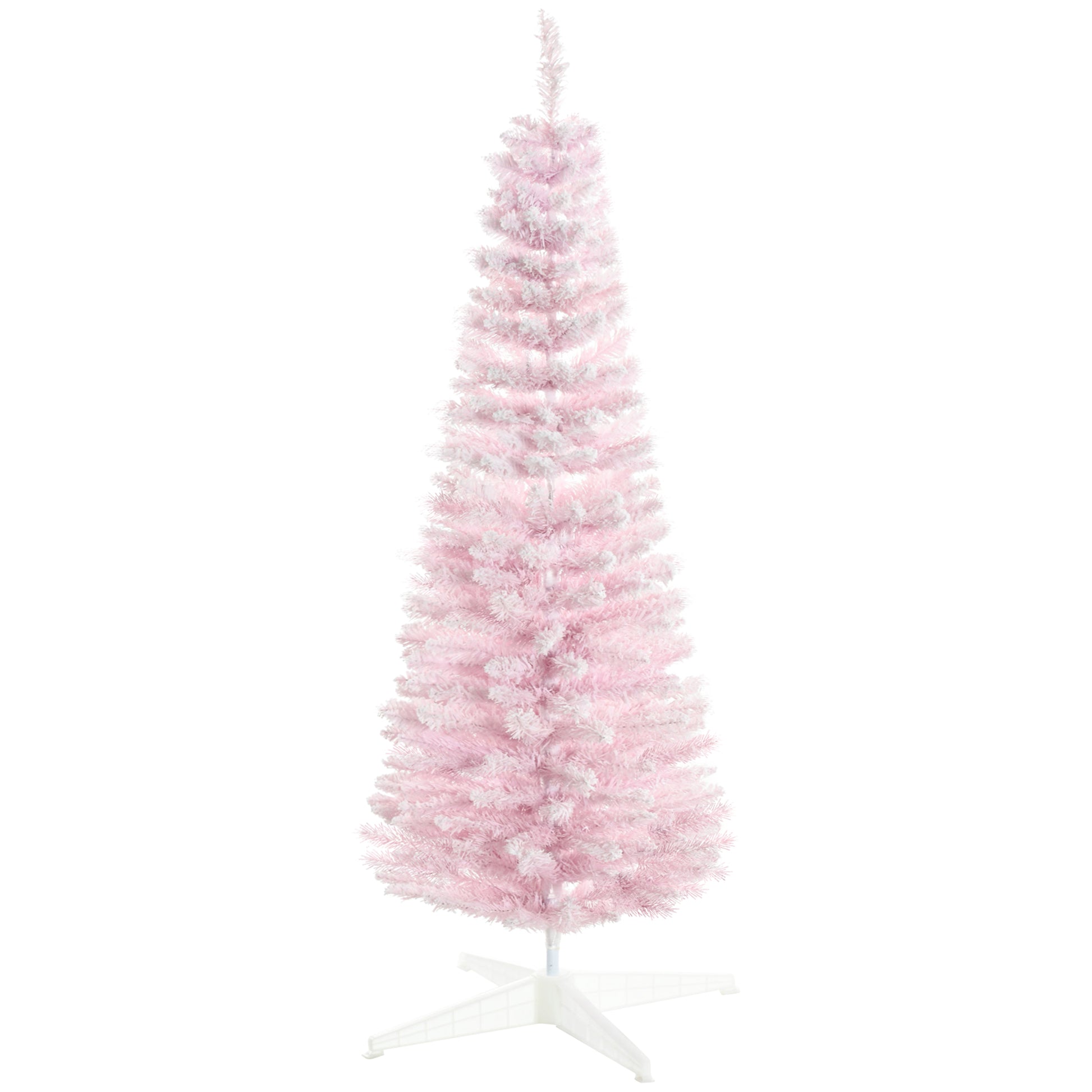 Homcom 5' Snow Flocked Artificial Pencil Christmas Tree, Slim Xmas Tree With Realistic Branches And Plastic Base Stand For Indoor Decoration, Pink Pink Plastic