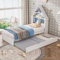 Twin Size House Shaped Bed With Bookcase Headboard And Led Light And Twin Size Trundle For Kids Boys Girls, Blue White Box Spring Not Required Twin White Blue Wood Bedroom Cute Bed Frame Wood