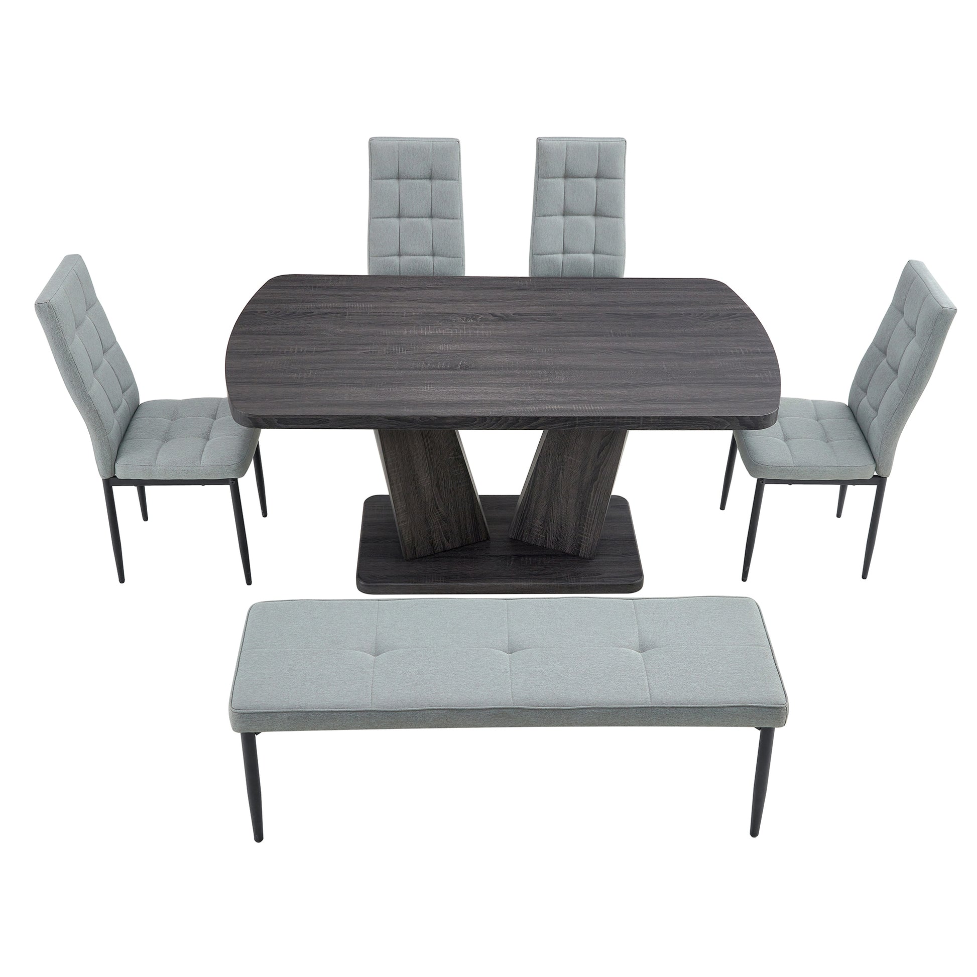 63" Modern Style 6 Piece Dining Table With 4 Chairs & 1 Bench, Table With Wood Veneers Tabletop And V Shaped Table Legs Metal Grey Modern Rectangular Mdf Mdf