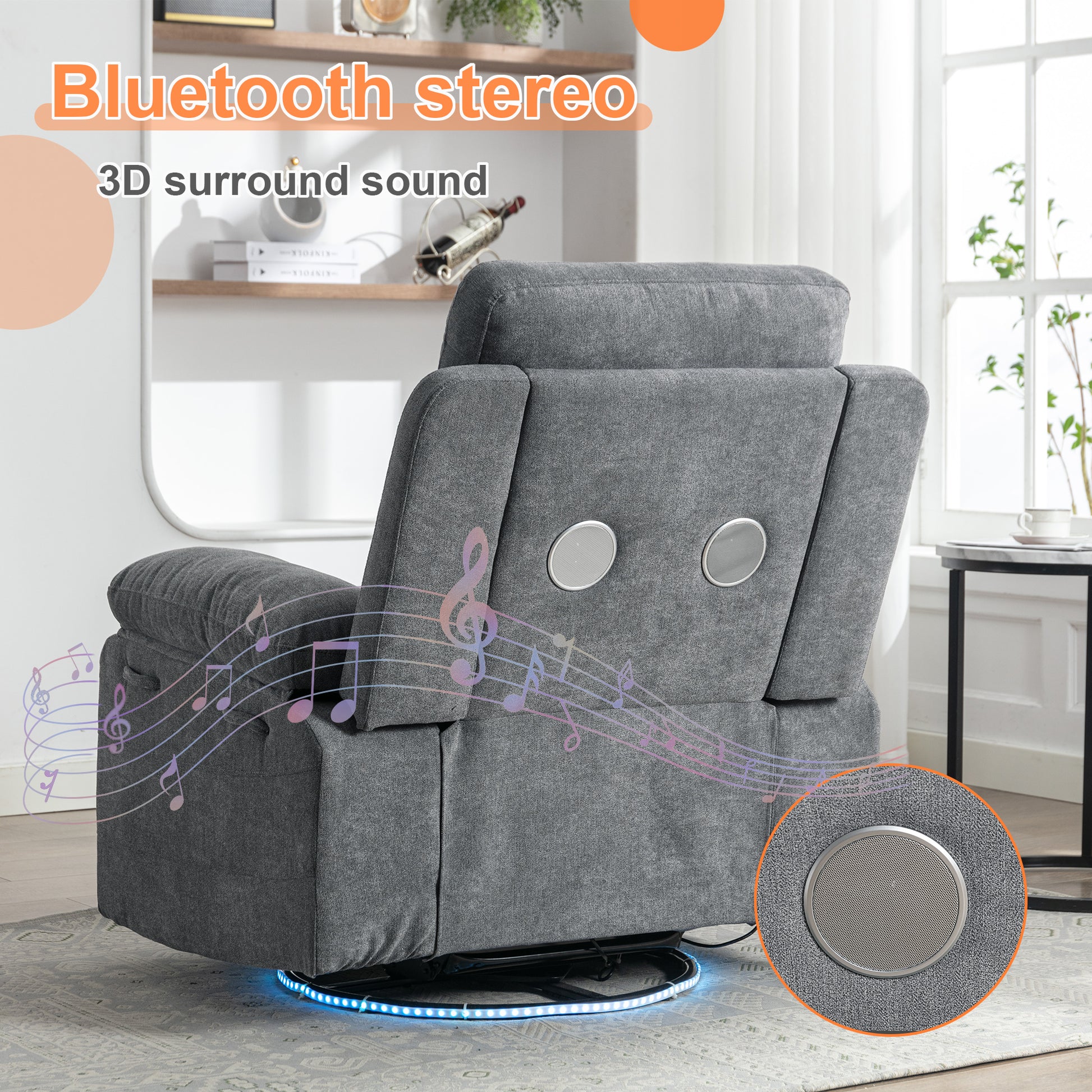 Power Recliner Glider Chair With Bluetooth Speaker 270 Degree Swivel With Led Light Side Arm With Storage Pockets Usb Type C Charging Port Button Control Retractable Footrest Adjustable Backrest Lg Light Grey Linen Power Push Button Metal Primary Living