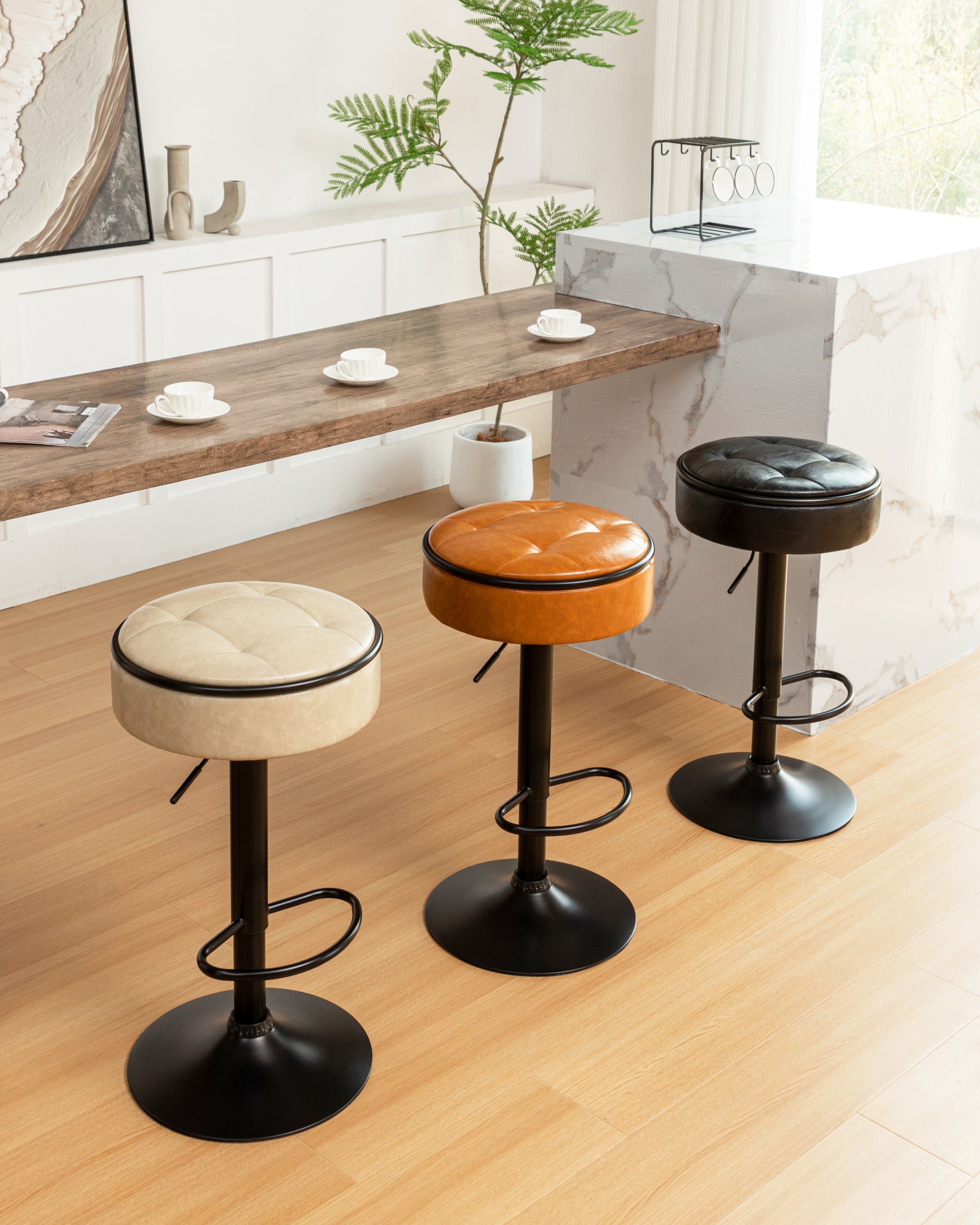 Round Storage Bar Stool Set Of 2, Brown Faux Leather Height Adjustable Barstool, 360 Counter Height Swivel Stool, Armless Bar Chair With Metal Frame For Kitchen Counter Dining Living Room Brown Set Of 2 Foam Pu Leather