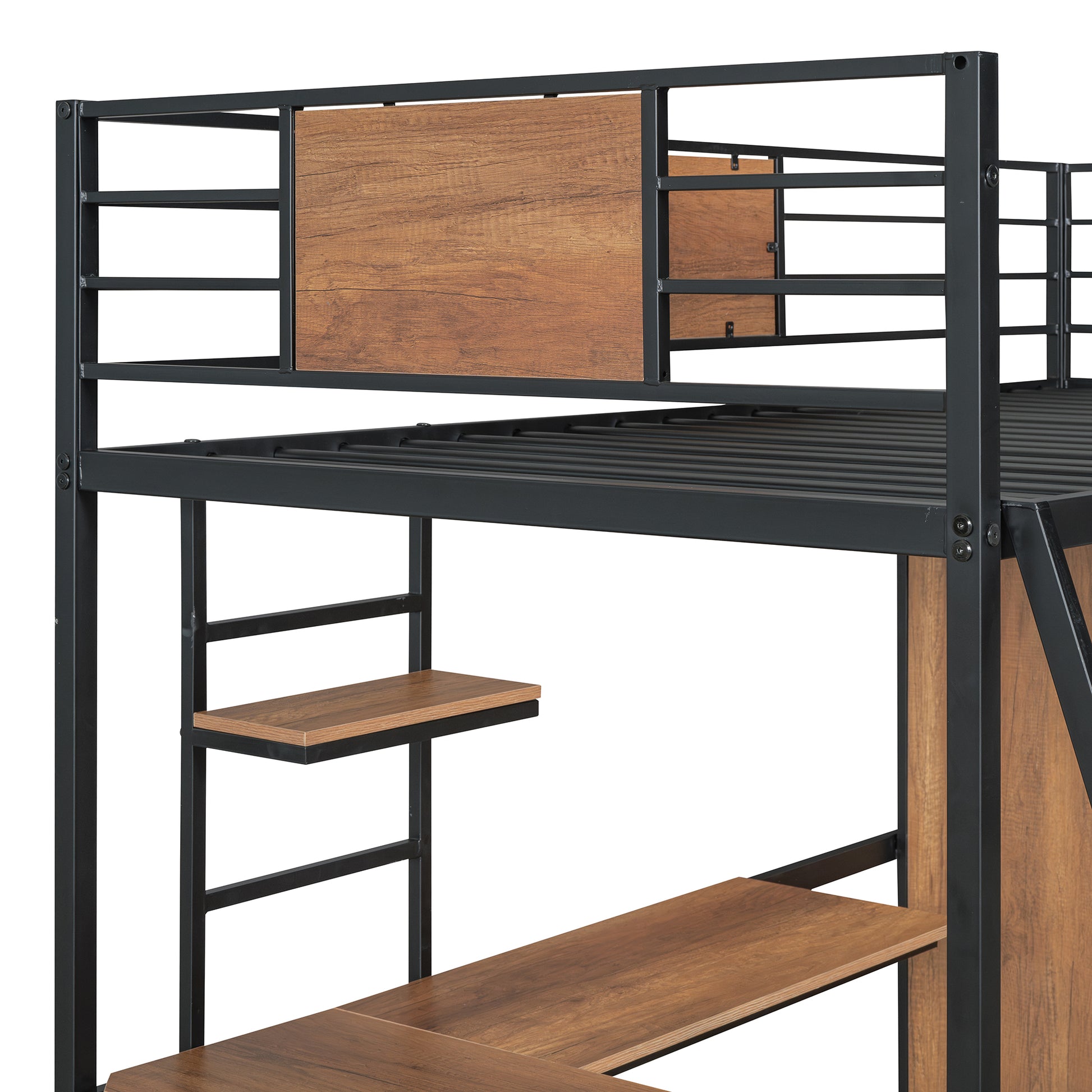 Twin Size Loft Bed With L Shape Desk And Wardrobe, Black Twin Black Metal & Wood