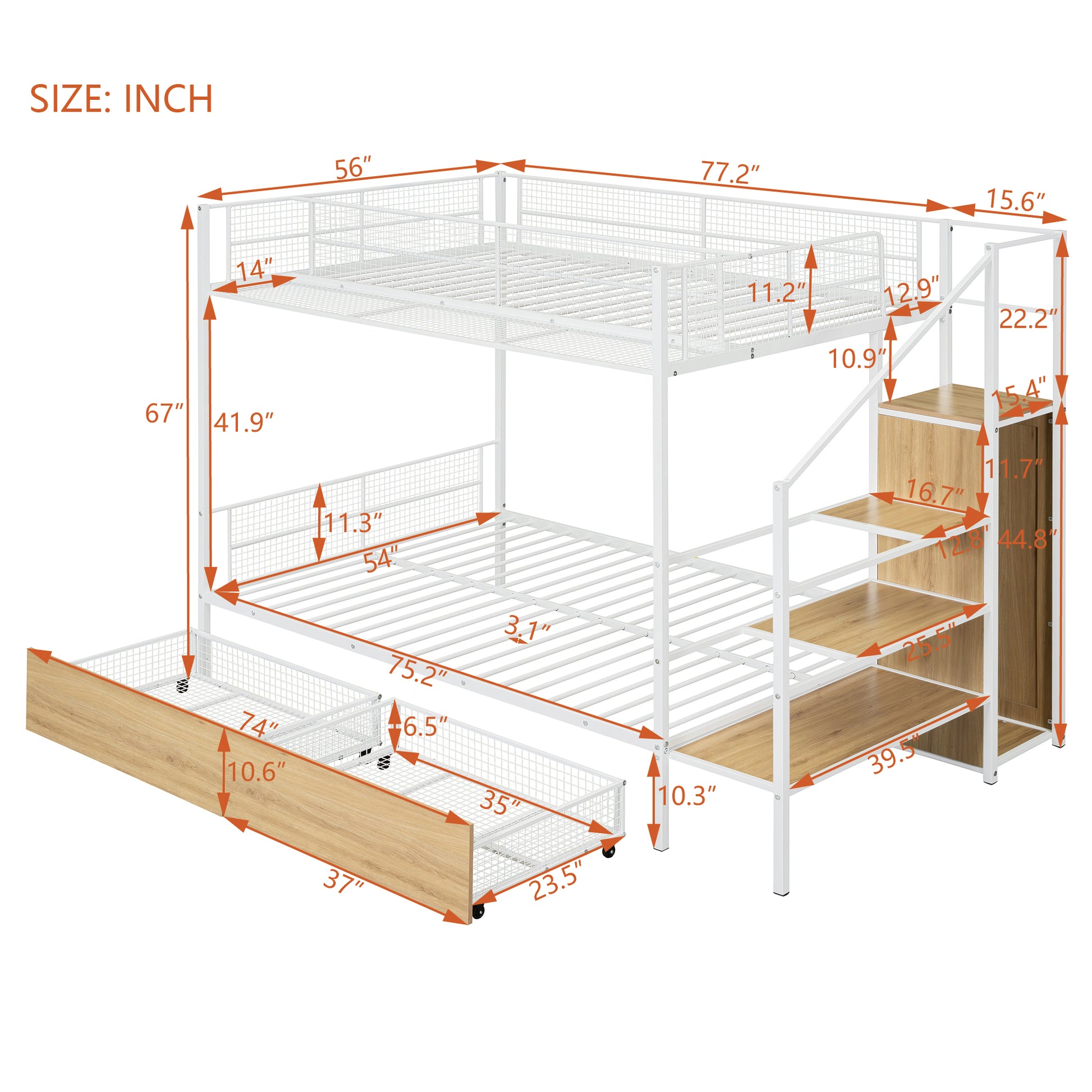 Twin Over Full Metal Bunk Bed With Drawer And Lateral Storage Ladder And Wardrobe, White White Metal