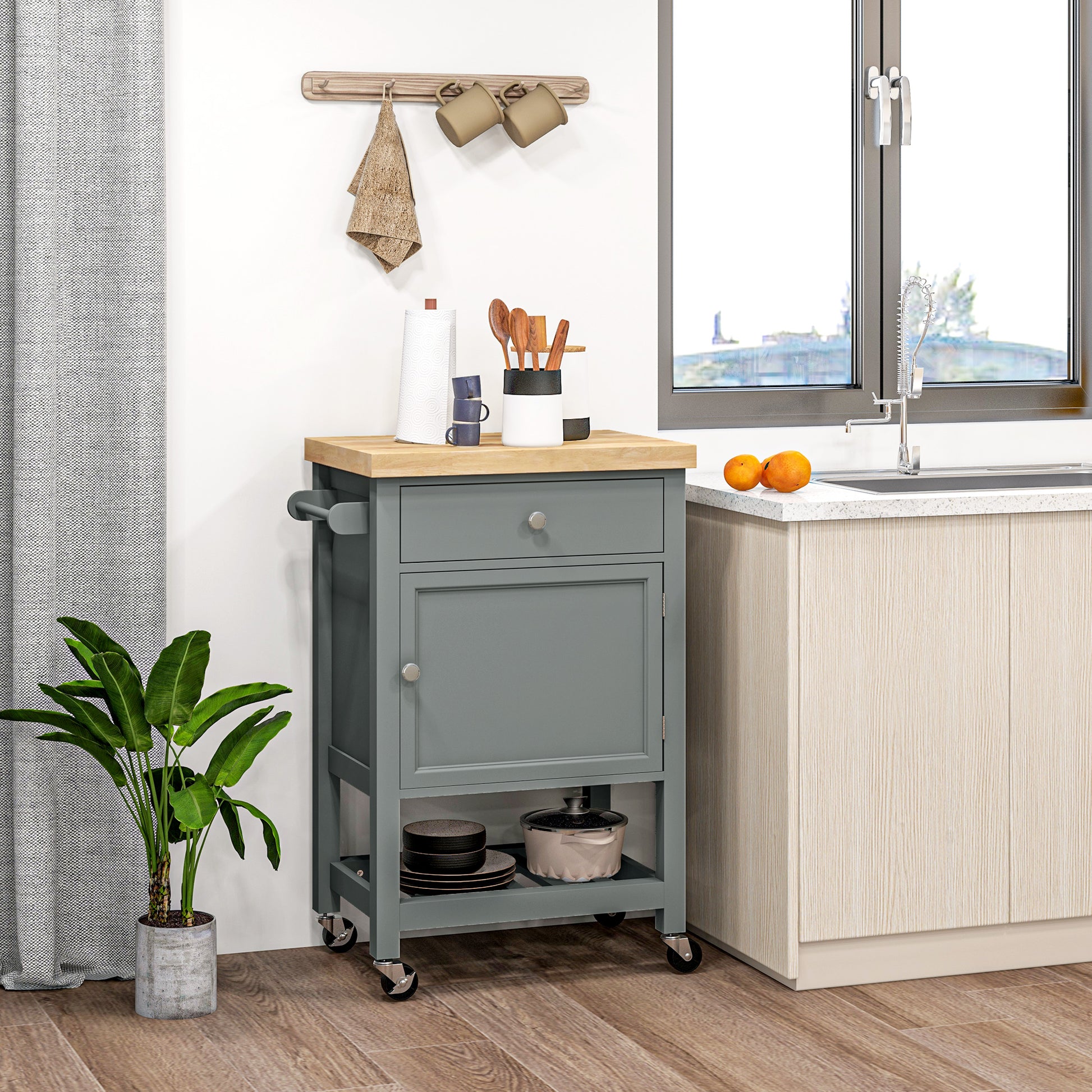 Homcom Utility Kitchen Cart, Rolling Kitchen Island With Smooth Rubberwood Top, Narrow Butcher Block Surface On Wheels With Storage Drawer & Cabinet, Gray Gray Engineered Wood