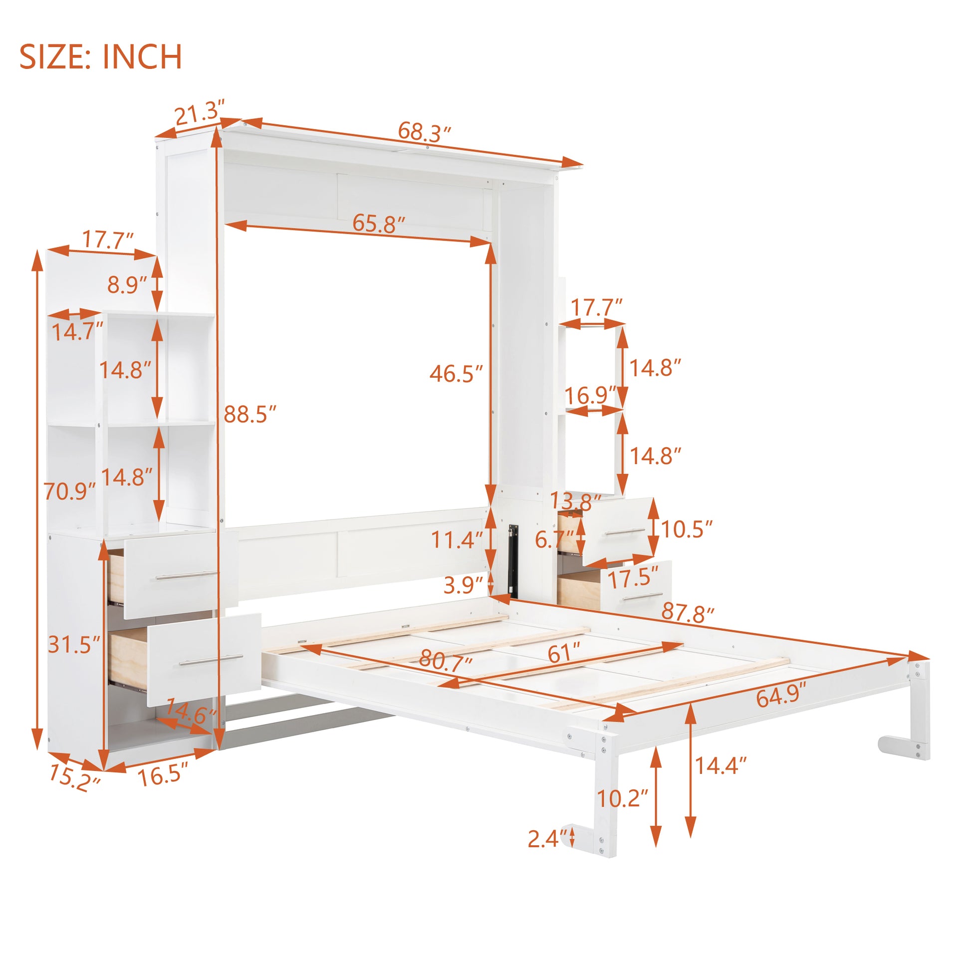 Queen Size Murphy Bed Wall Bed With Shelves, Drawers And Led Lights,White Queen White Mdf Lvl