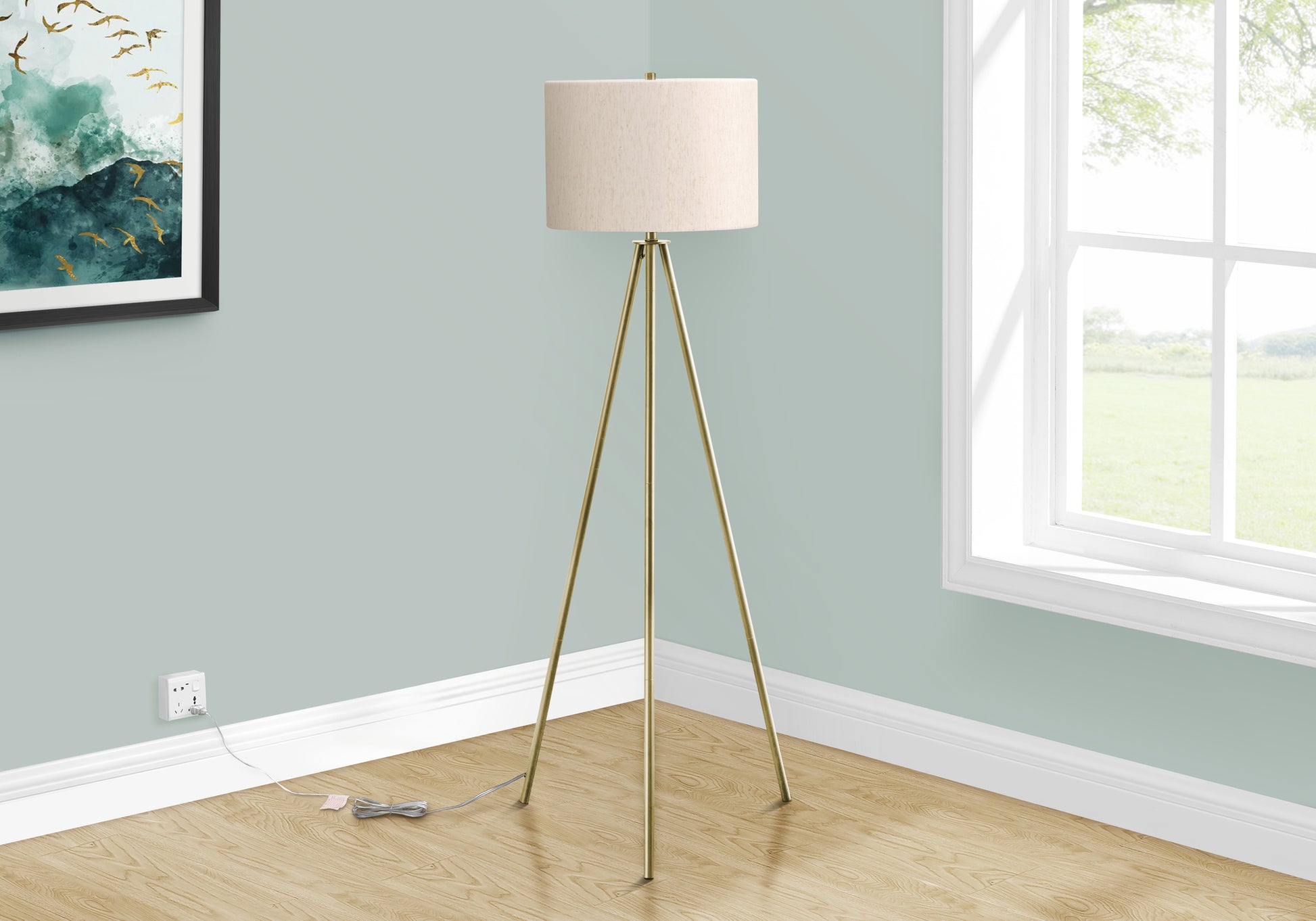 Lighting, 63"H, Floor Lamp, Brass Metal, Ivory Cream Shade, Contemporary Ivory Metal