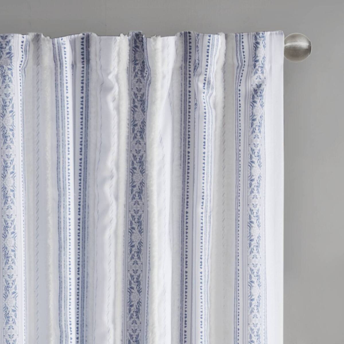 Poly Printed Curtain Panel With Tufted Stripe And Lining White Navy 50X84" Multicolor Polyester