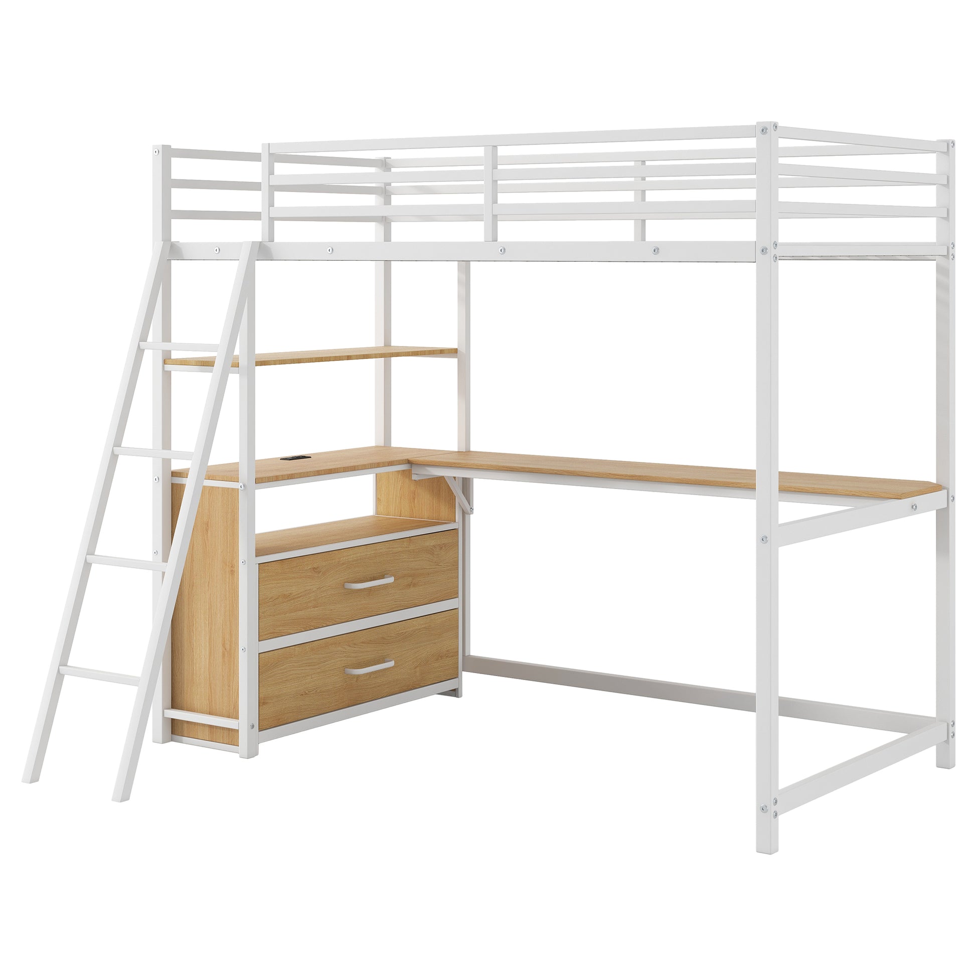 Twin Size Metal&Wood Loft Bed With Desk And Shelves, Two Built In Drawers, Led Light And Usb Charging Station, White Twin Oak Natural Wood Antique White Metal & Wood