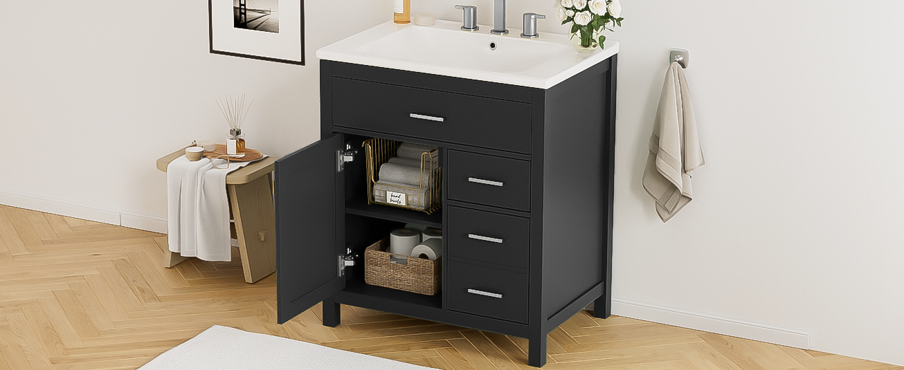 30 Inch Black Bathroom Vanity With Ceramic Sink And Large Storage Ideal Choice For Small Bathrooms Black Bathroom Solid Wood Mdf