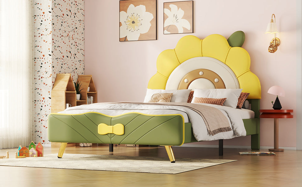 Twin Size Upholstered Platform Bed With Sunflower Shaped Headboard, Green Box Spring Not Required Twin Green Wood Bedroom Bed Frame Faux Leather Upholstered