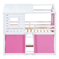 Twin Size Bunk Wood House Bed With Tent, Pink White Twin Pink White Solid Wood Mdf