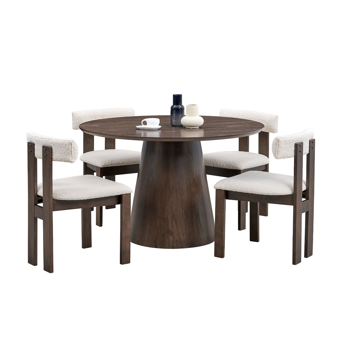 1 Table With 4 Chairs Wooden Dining Table Set, Modern Round Mdf Kitchen Table And Boucle Upholstered Dining Chairs For Dining Room, Kitchen, Saving Space, Brown Brown Solid Wood Mdf